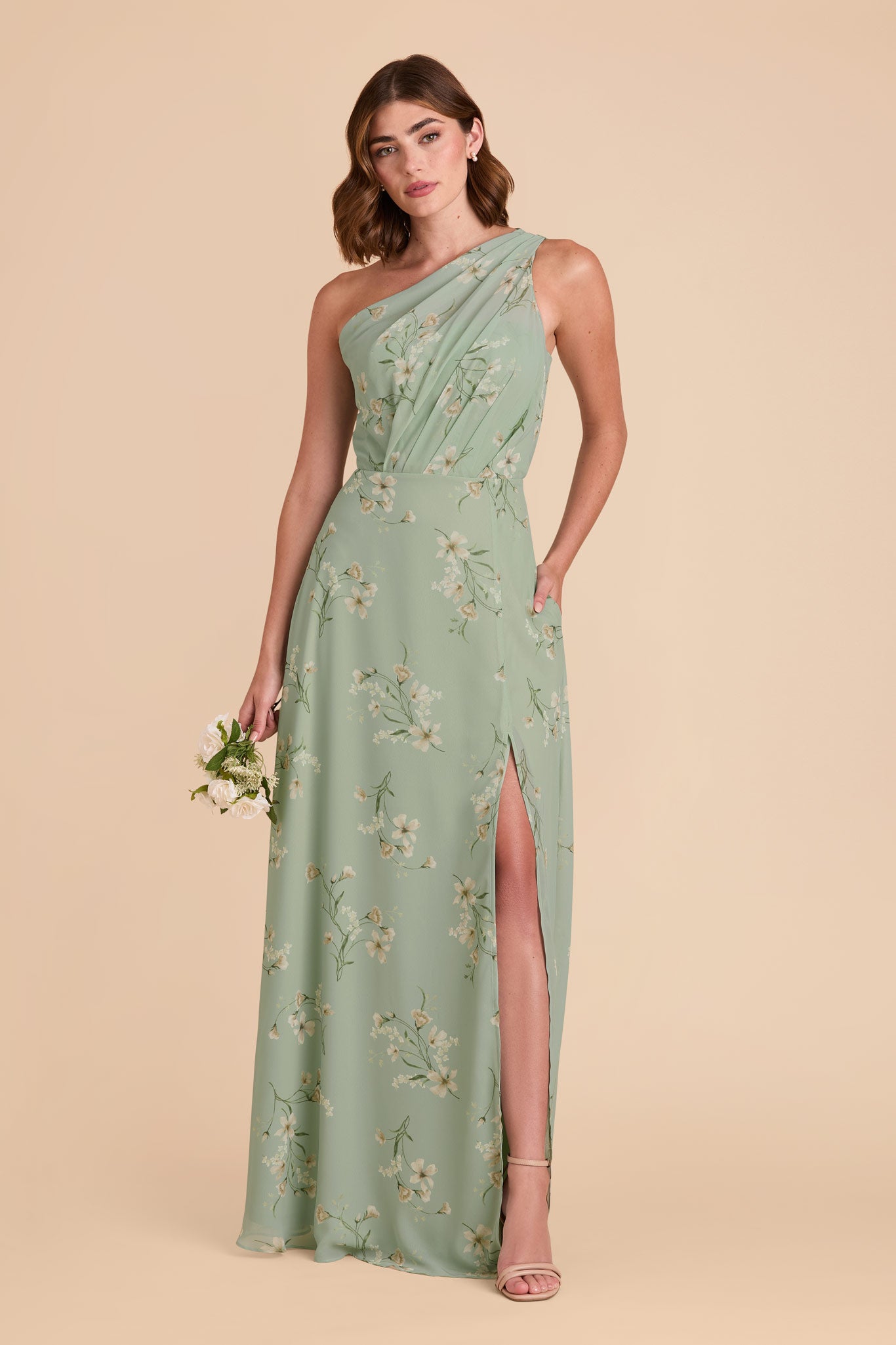 One-Shoulder Chiffon Bridesmaid Dress with Slit | Sage Le Fleur