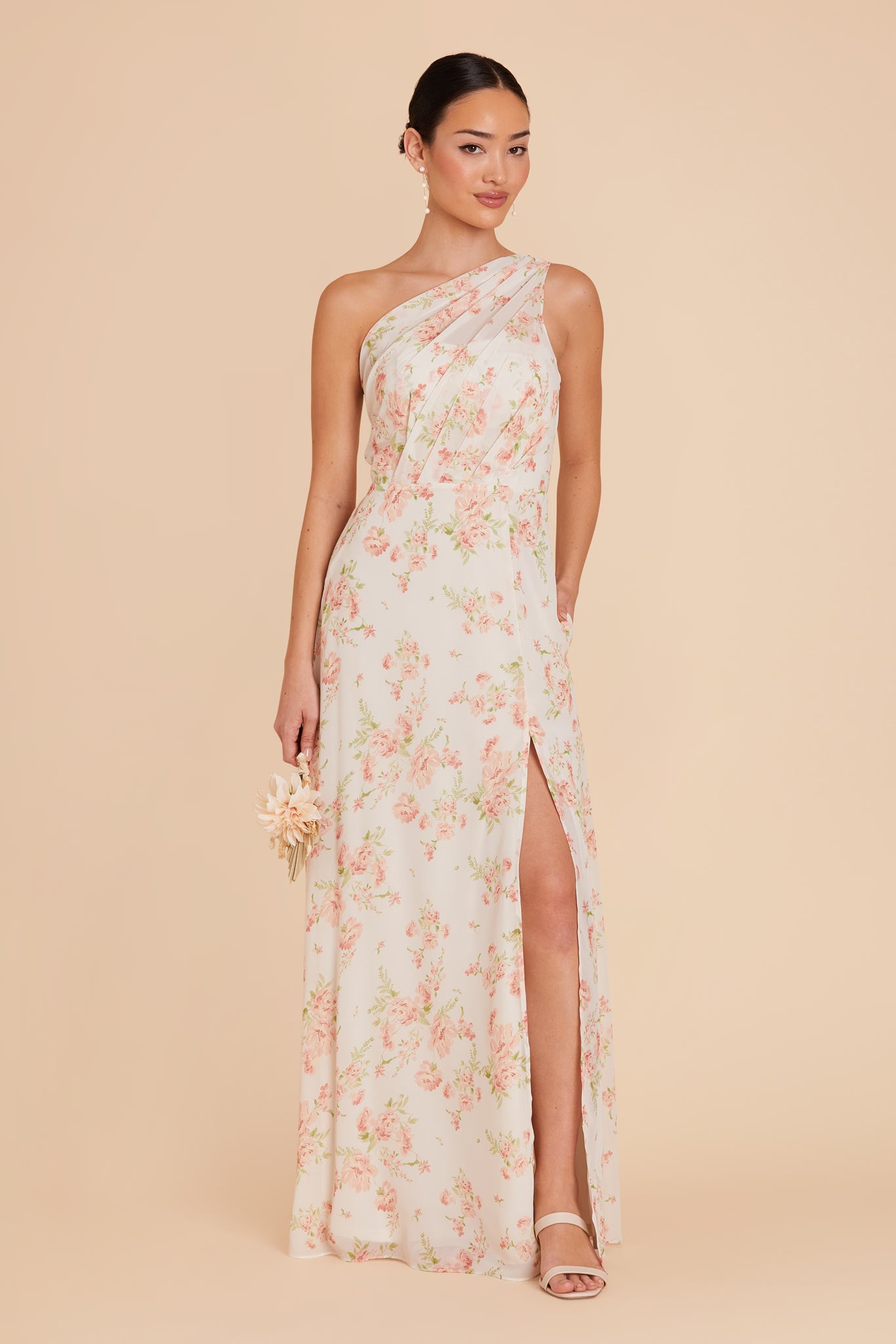 One-Shoulder Chiffon Bridesmaid Dress with Slit | Whimsical Blooms