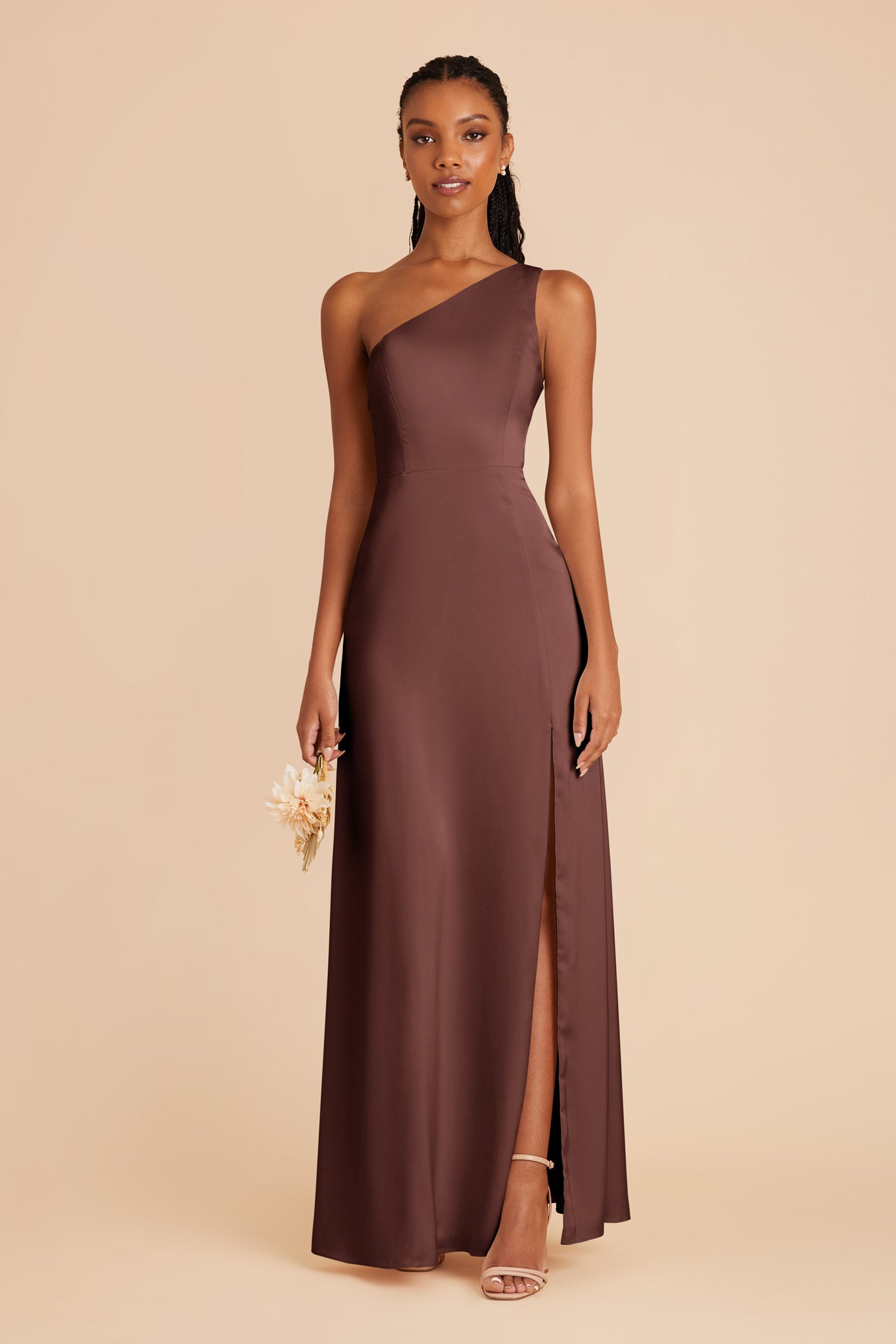 Matte Satin One-Shoulder Dress in Chocolate Brown | Kira