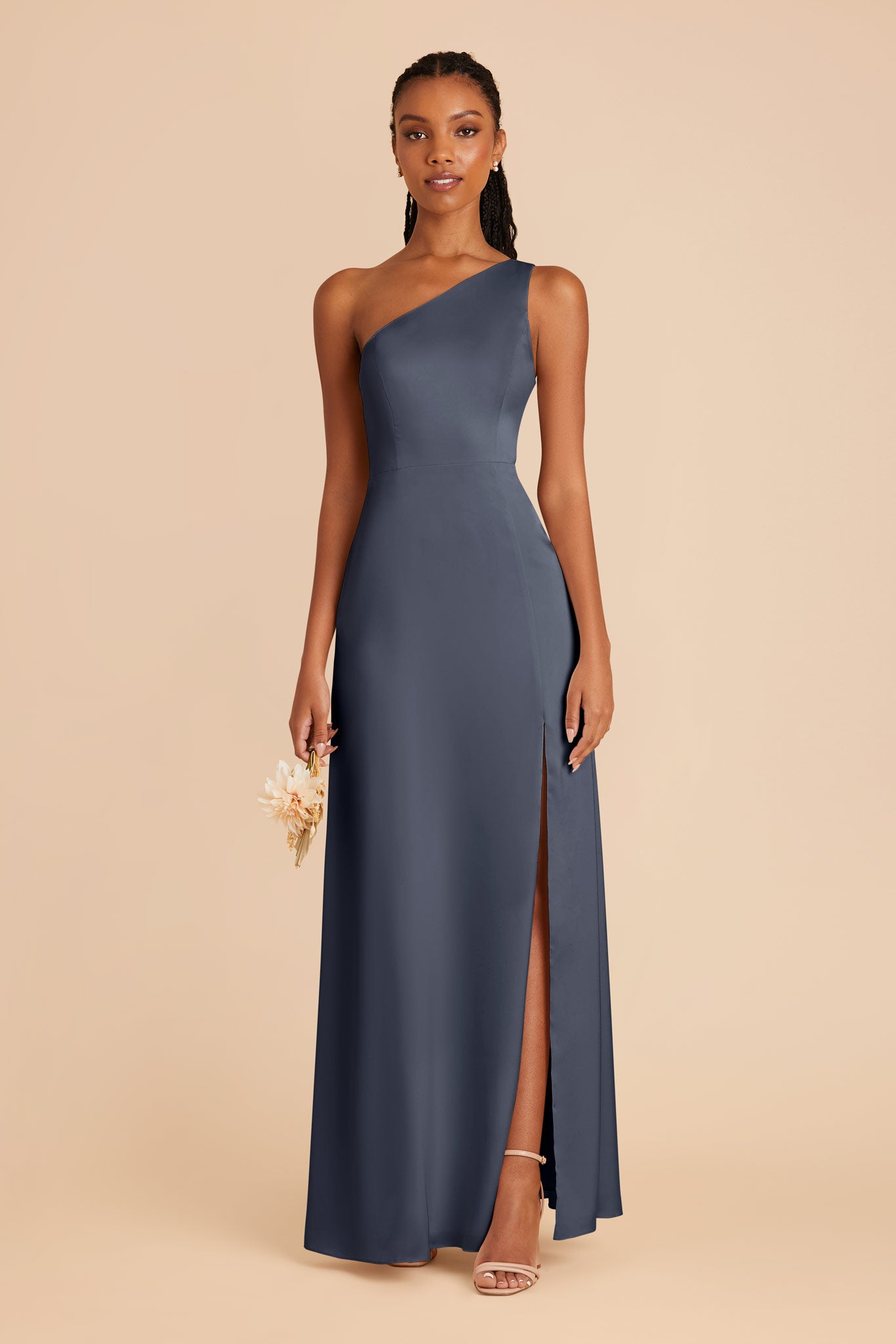 One-Shoulder Matte Satin Dress in Dusk Blue | Kira