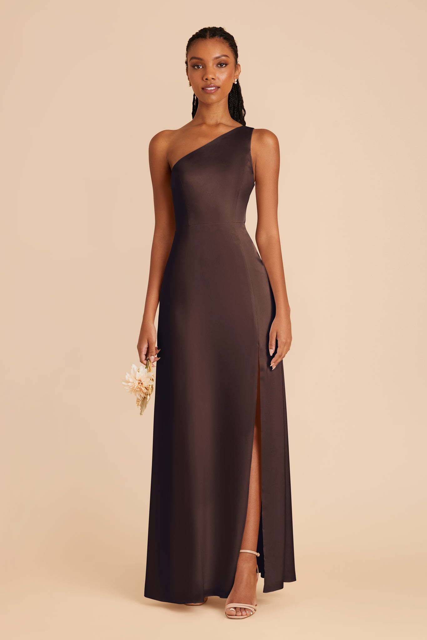 One-Shoulder Matte Satin Dress | Kira in Espresso