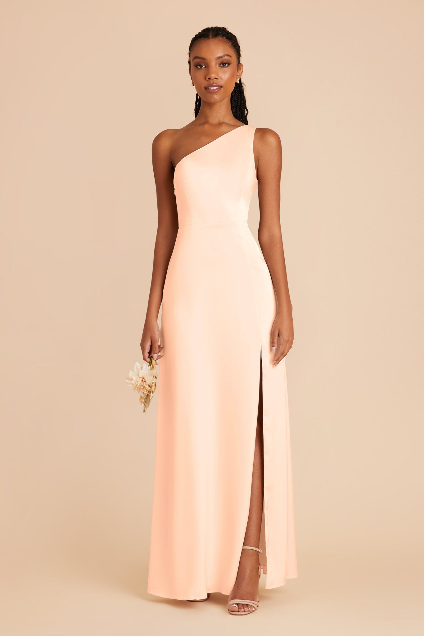 One-Shoulder Matte Satin Dress in Peach Cream | Kira