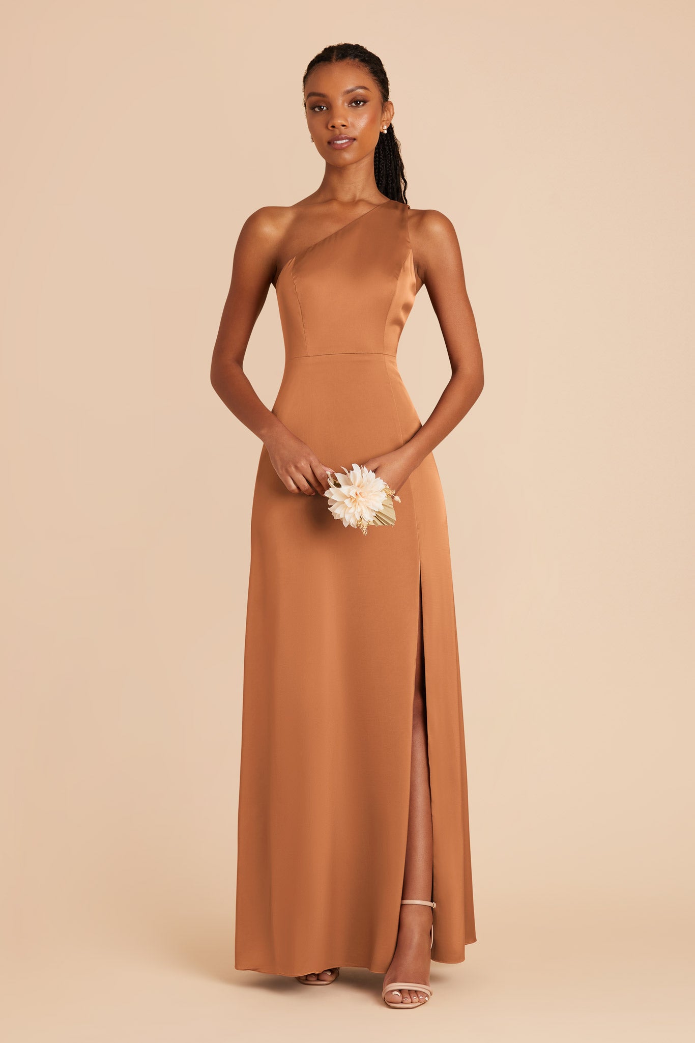 One-Shoulder Matte Satin Dress | Kira in Rust