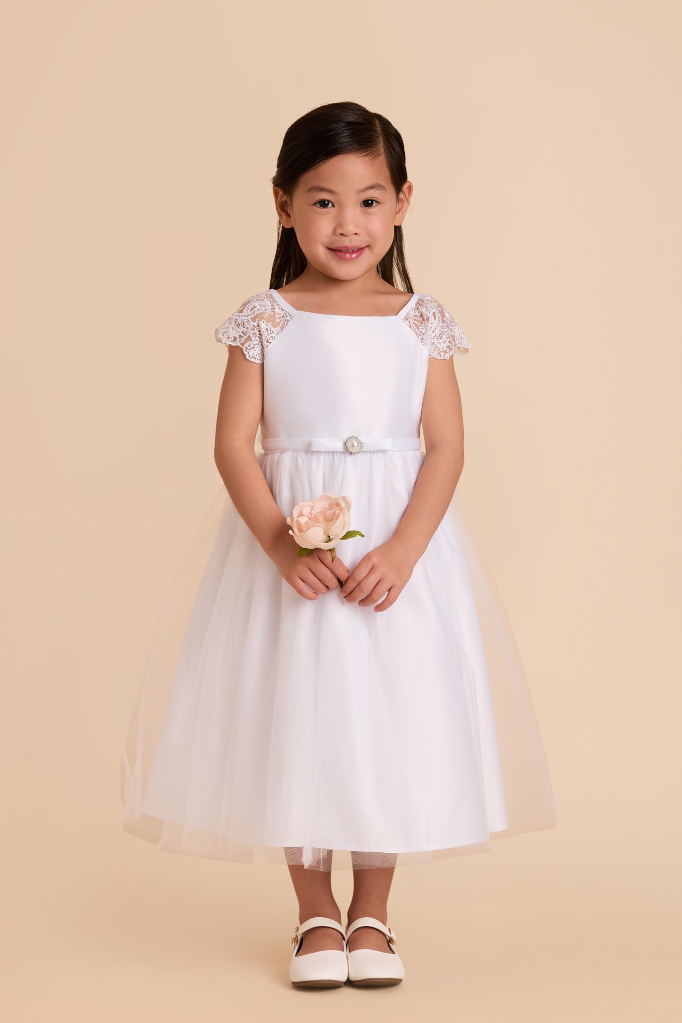White Lace Sleeve Flower Girl Dress with Crystal Brooch | Lily