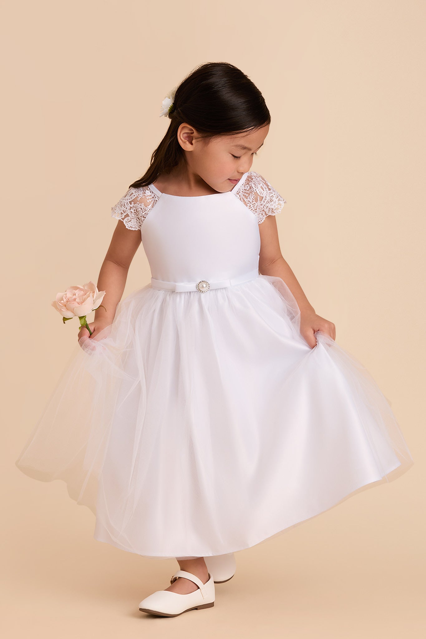 White Lace Sleeve Flower Girl Dress with Crystal Brooch | Lily
