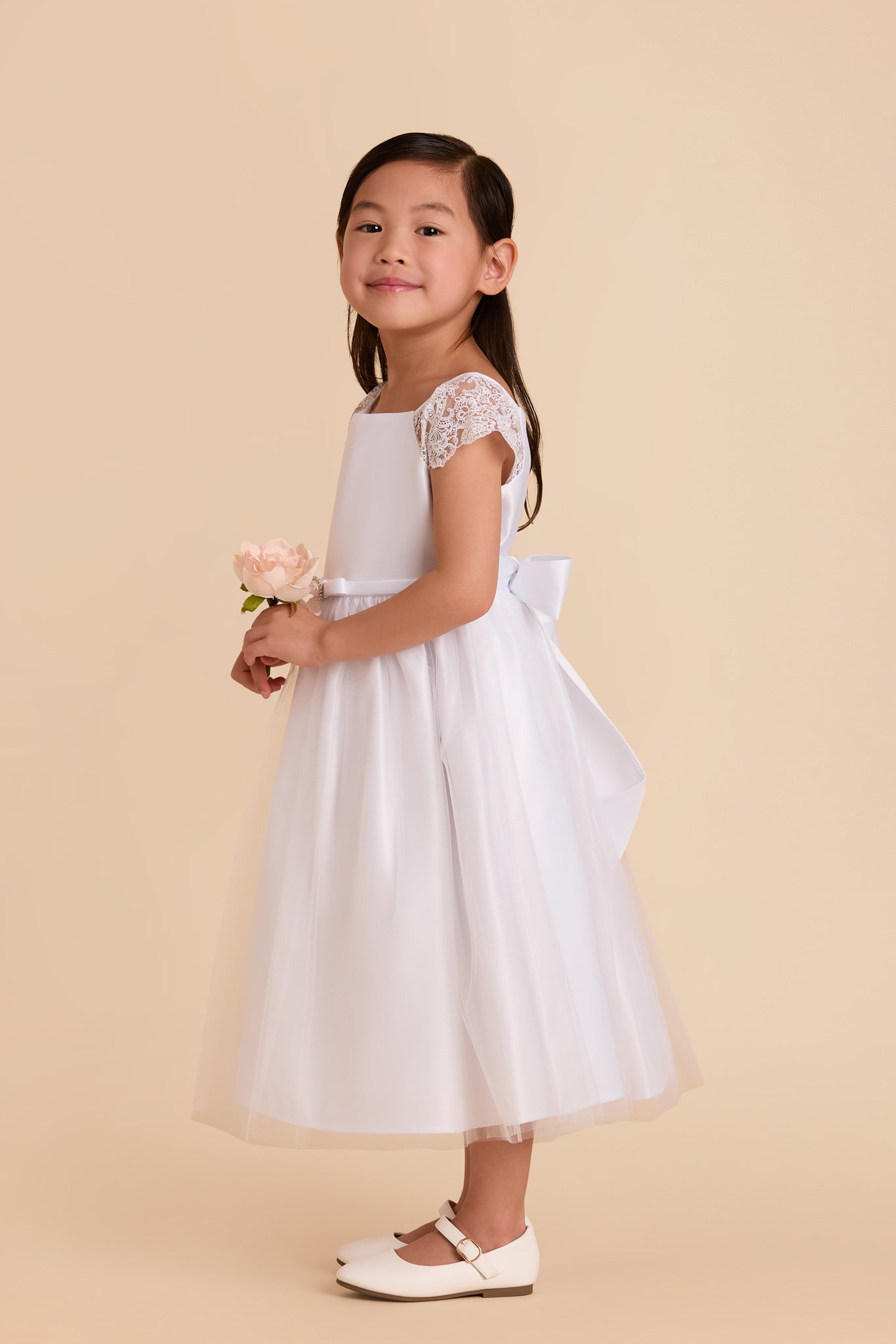 White Lace Sleeve Flower Girl Dress with Crystal Brooch | Lily