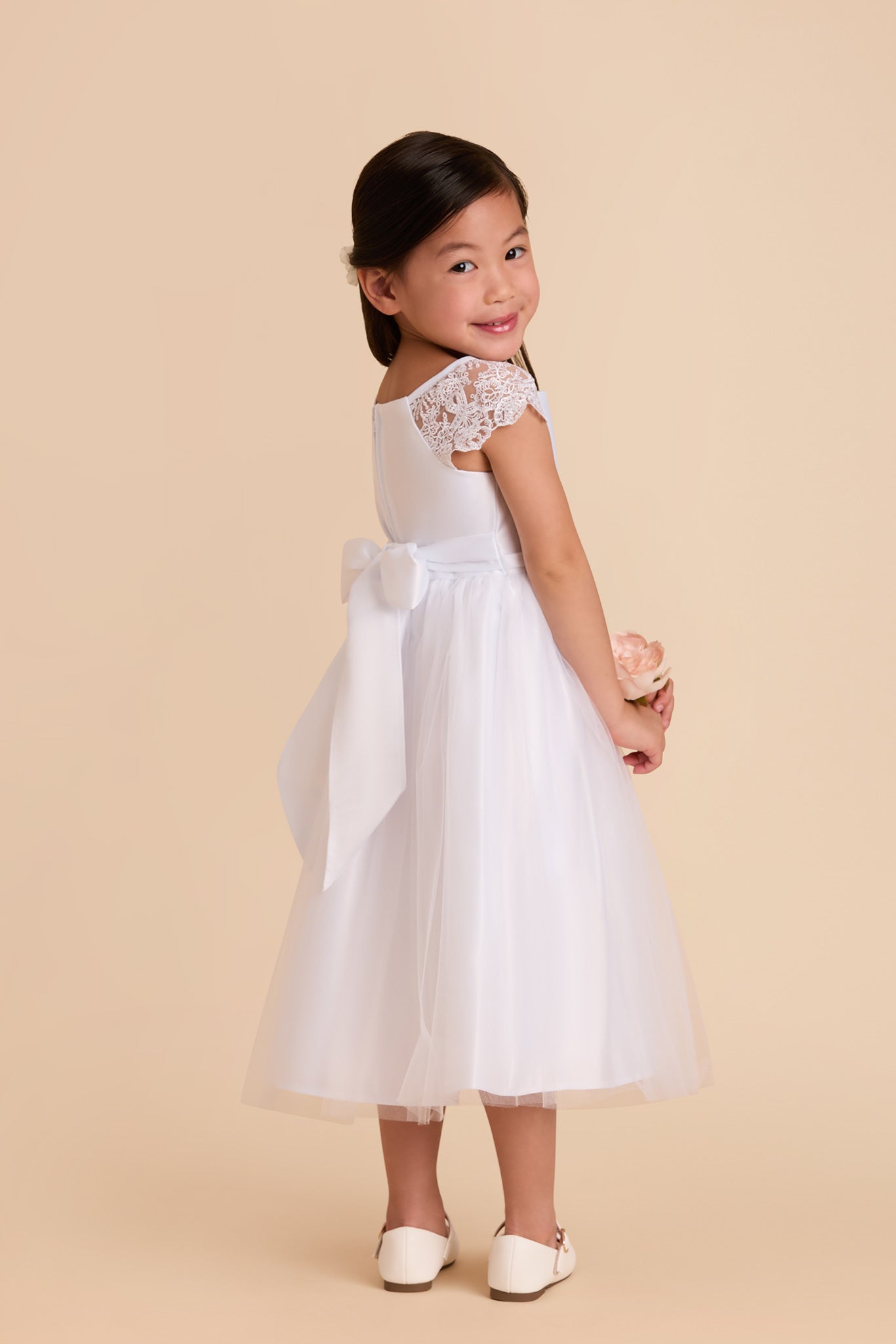 White Lace Sleeve Flower Girl Dress with Crystal Brooch | Lily