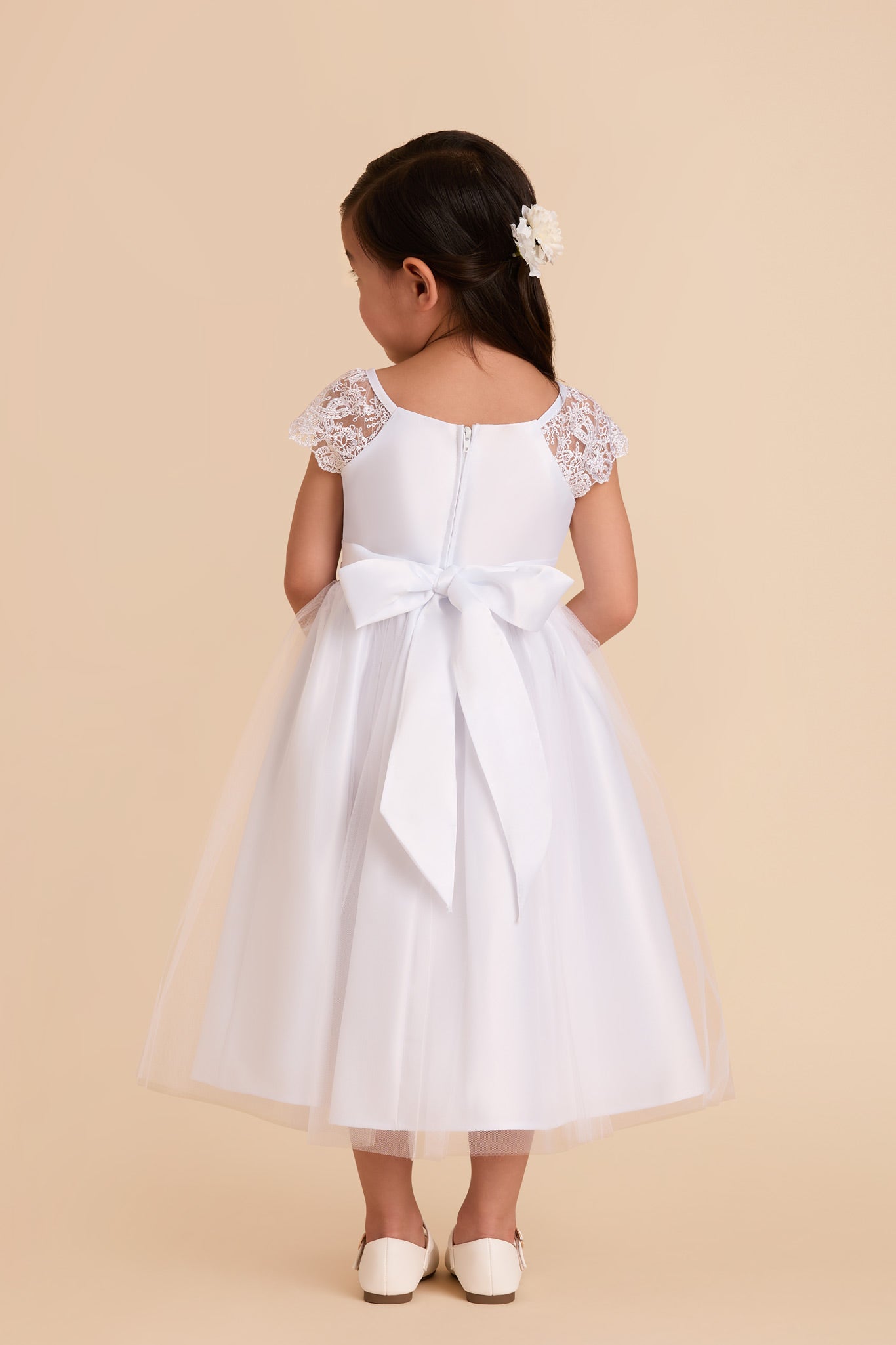 White Lace Sleeve Flower Girl Dress with Crystal Brooch | Lily