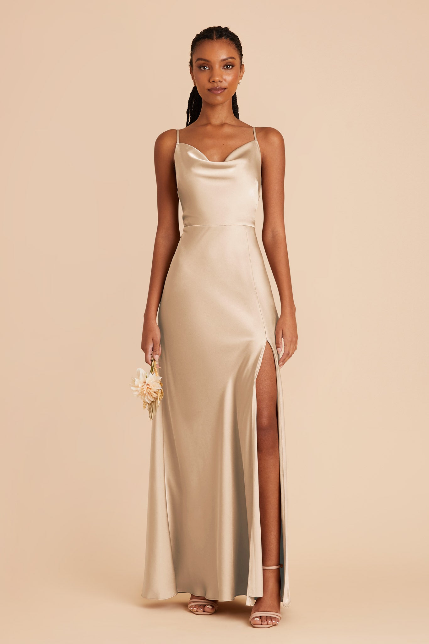 Gold Satin Bridesmaid Dress with Cowl Neck | Lisa Long