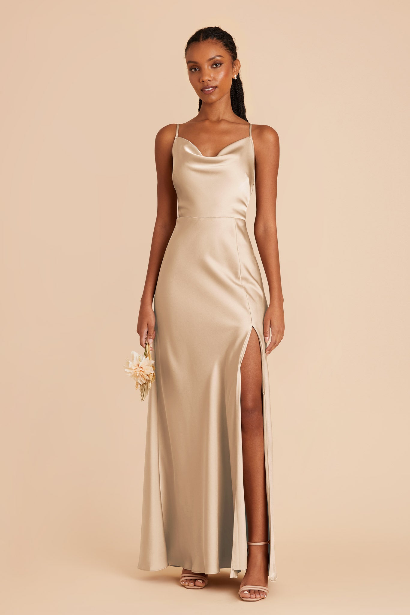 Gold Satin Bridesmaid Dress with Cowl Neck | Lisa Long