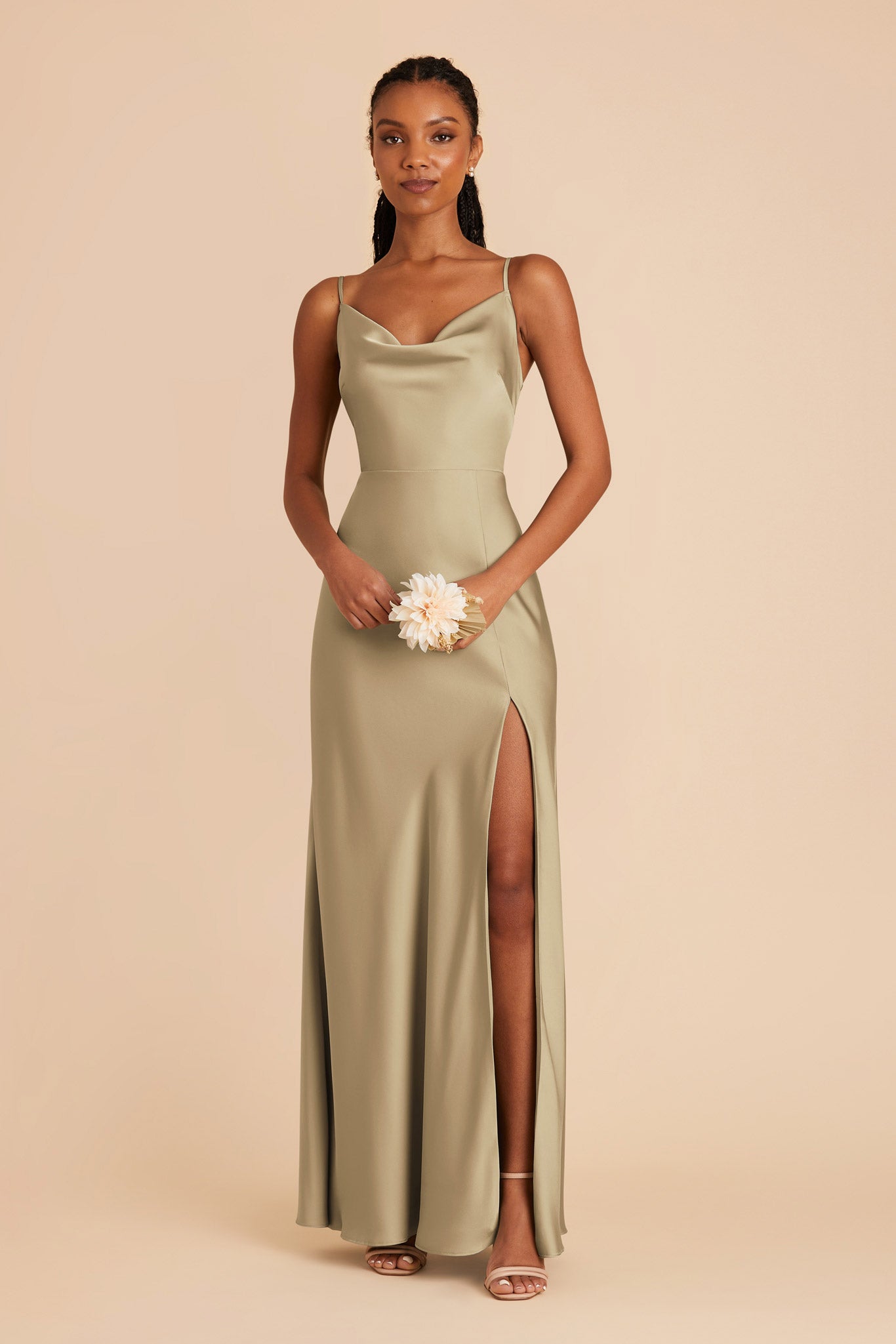 Long Satin Bridesmaid Dress with Cowl Neck | Lisa Moss Green