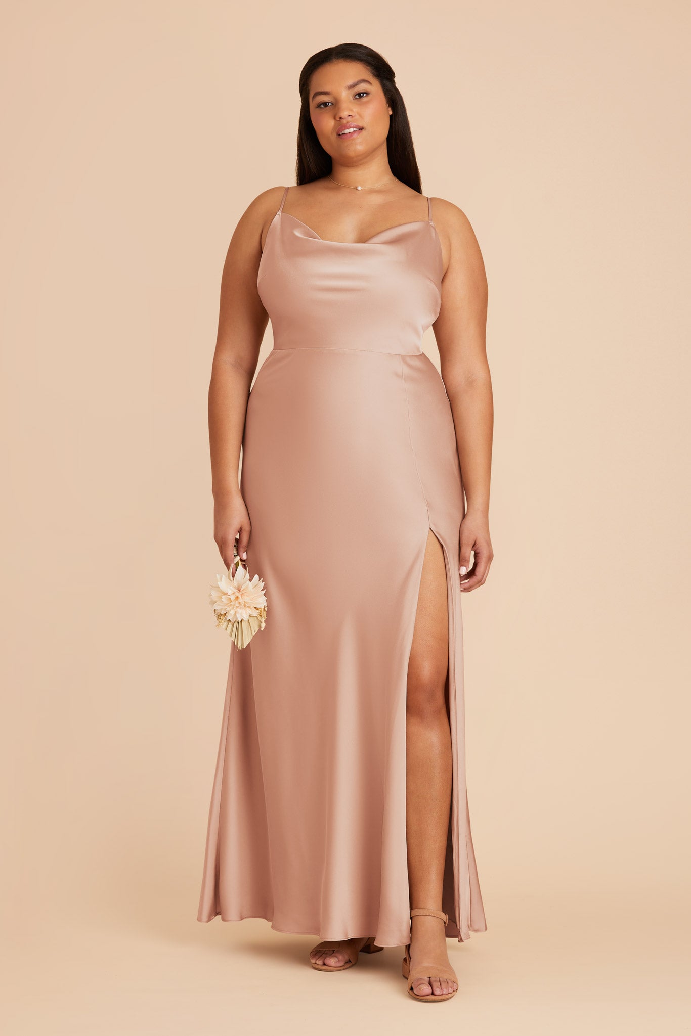 Long Satin Bridesmaid Dress with Cowl Neck | Lisa Rose Gold