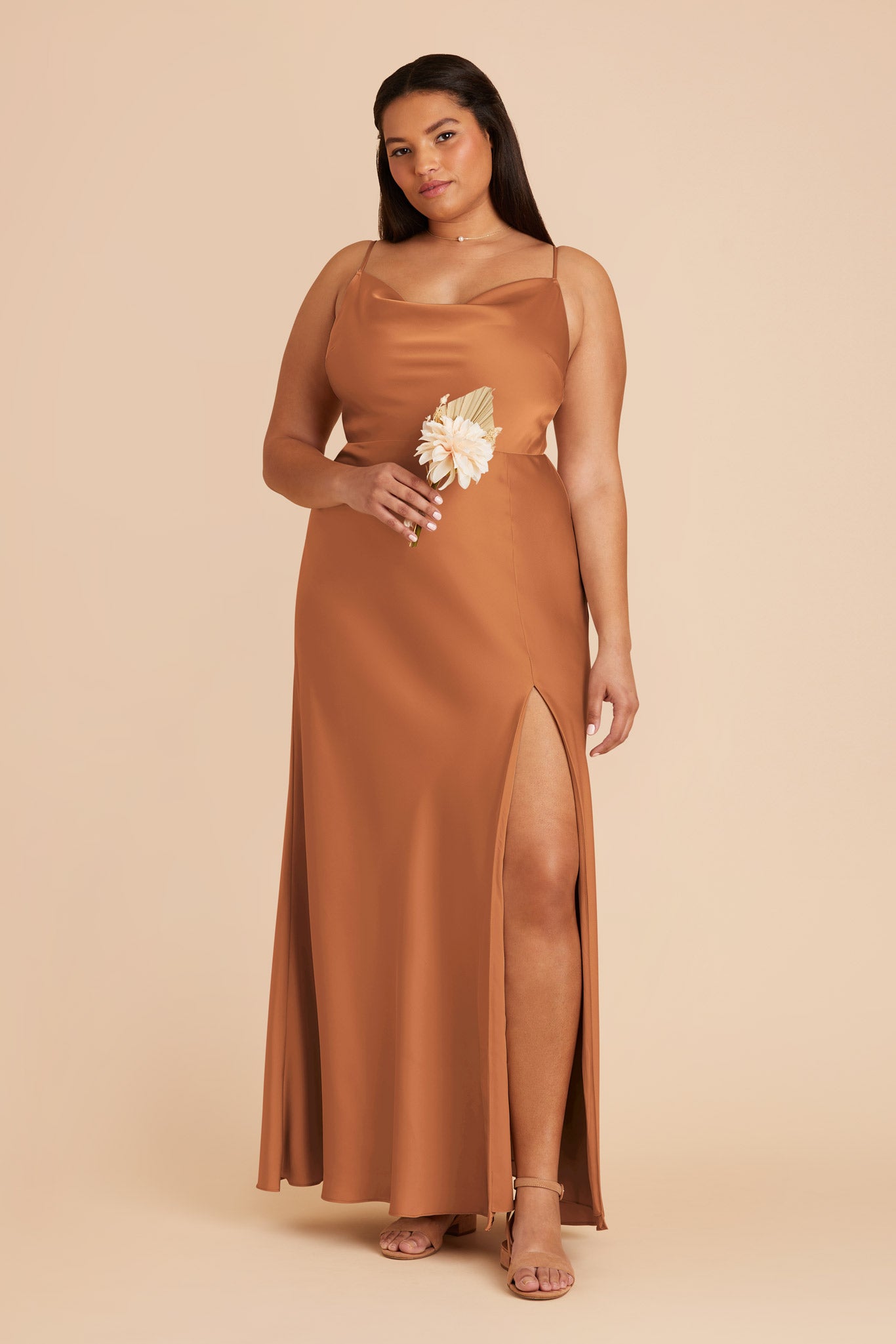 Long Satin Bridesmaid Dress with Cowl Neck - Lisa | Rust