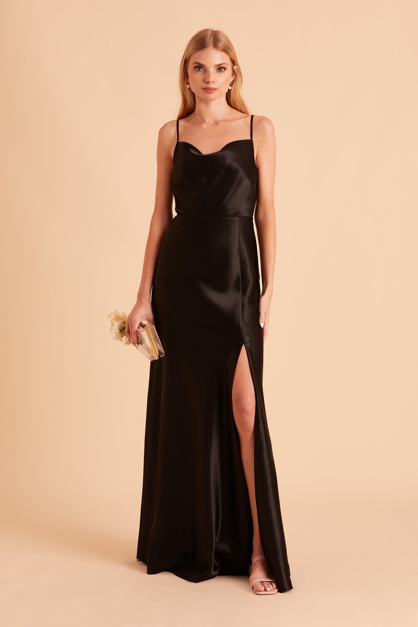 Long Satin Bridesmaid Dress with Cowl Neck & Spaghetti Straps | Lisa