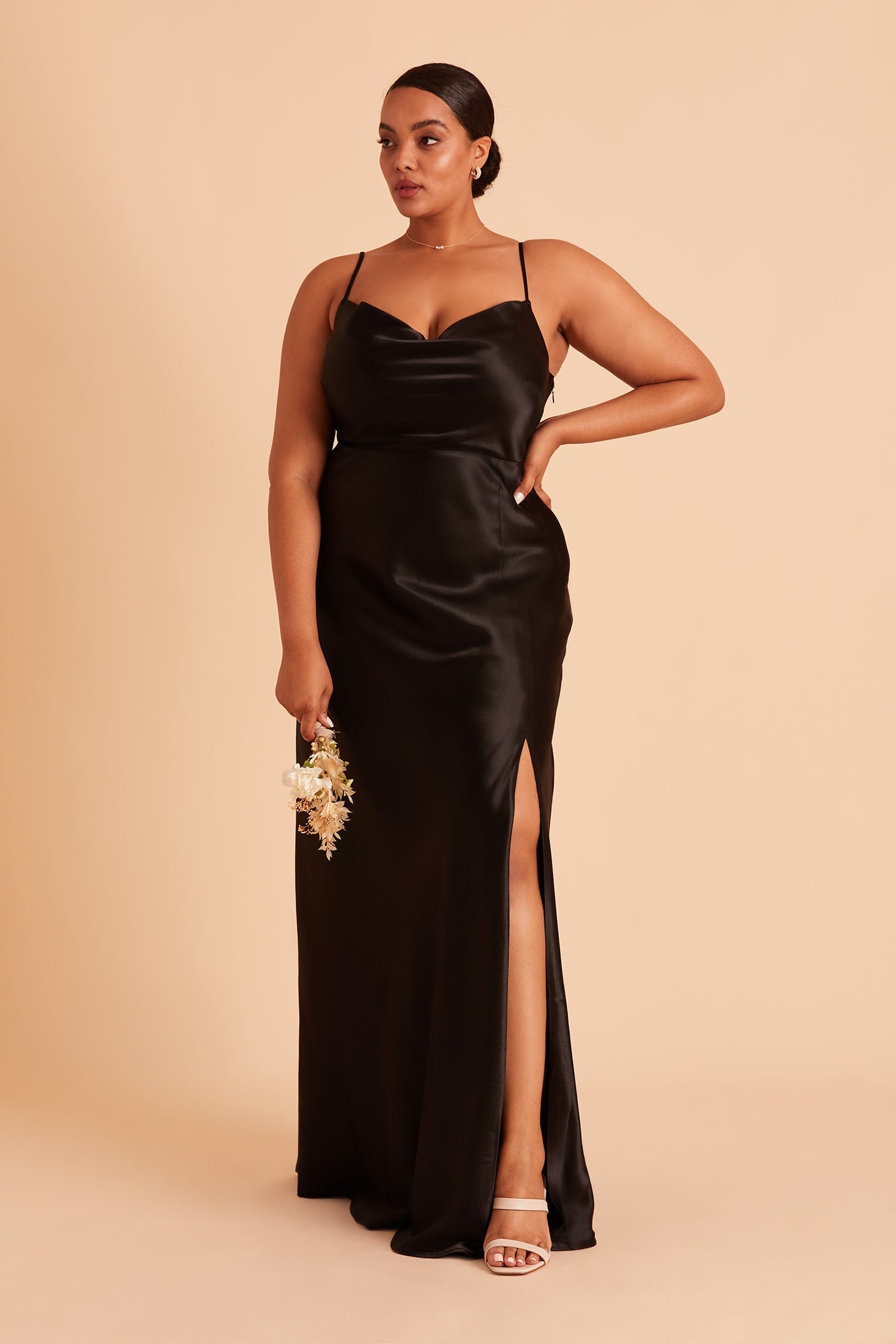Long Satin Bridesmaid Dress with Cowl Neck & Spaghetti Straps | Lisa