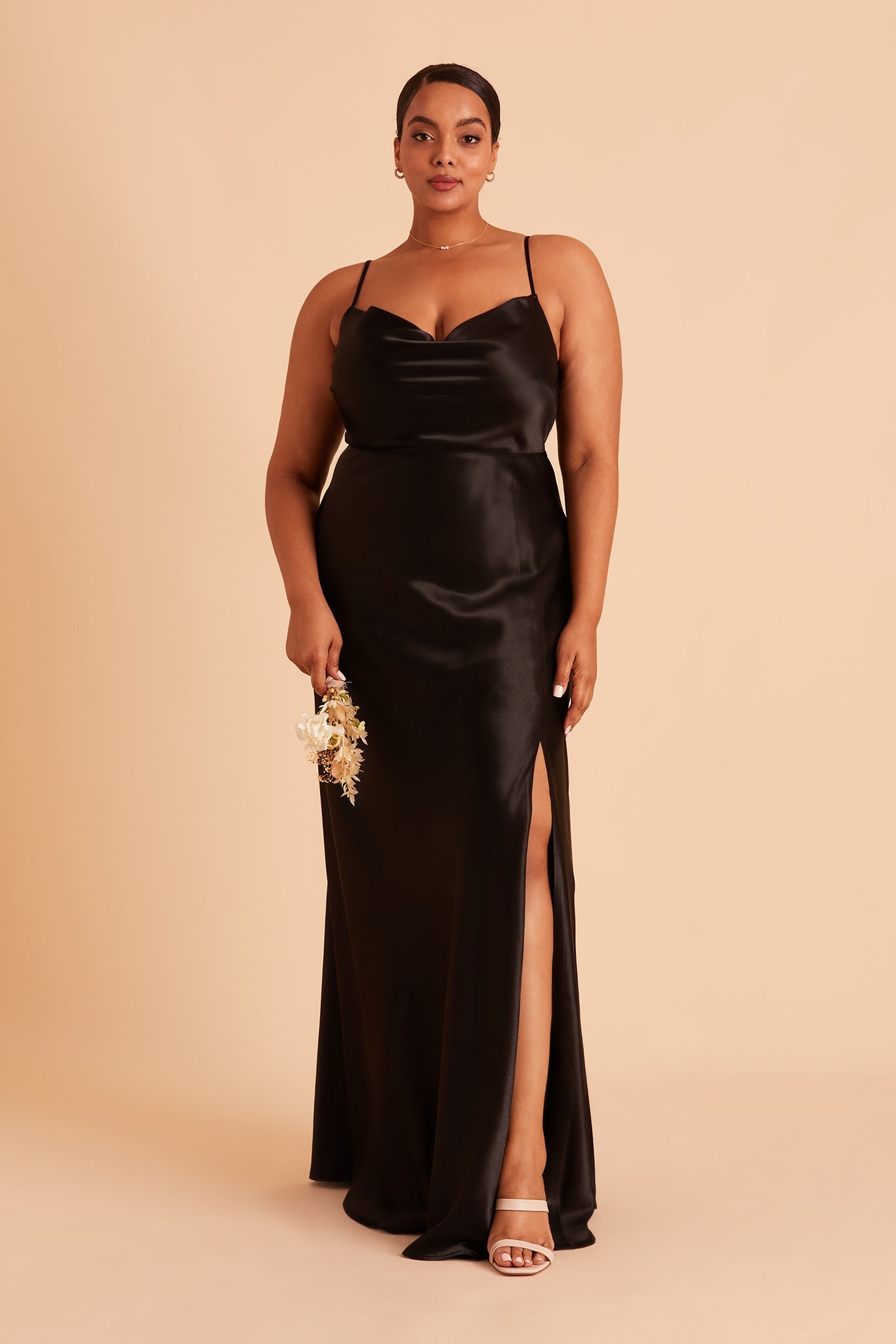 Long Satin Bridesmaid Dress with Cowl Neck & Spaghetti Straps | Lisa