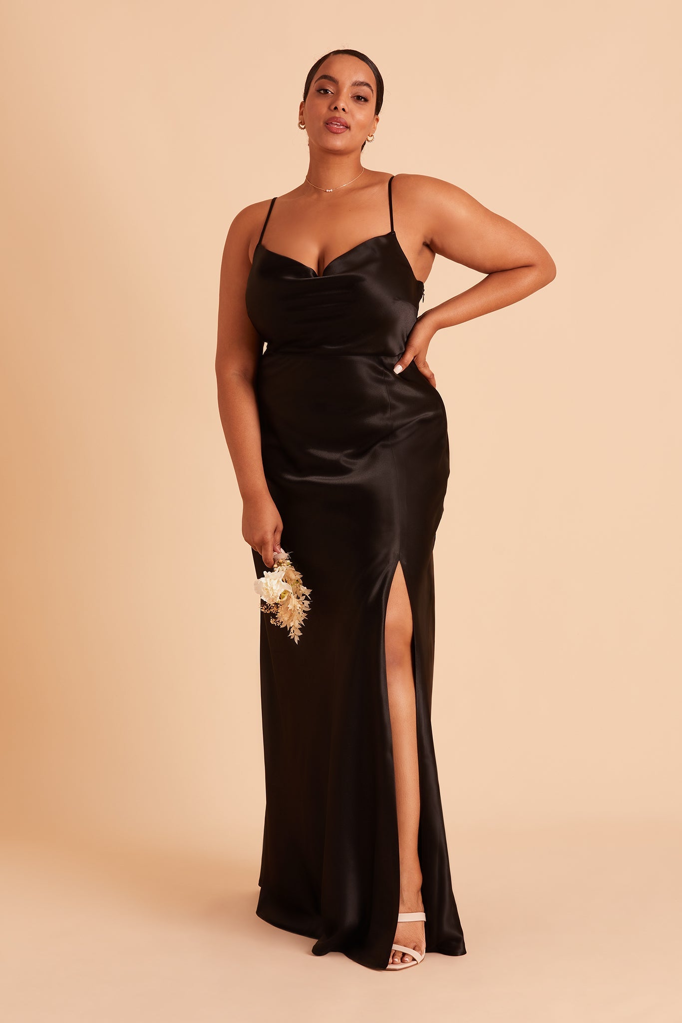 Long Satin Bridesmaid Dress with Cowl Neck & Spaghetti Straps | Lisa