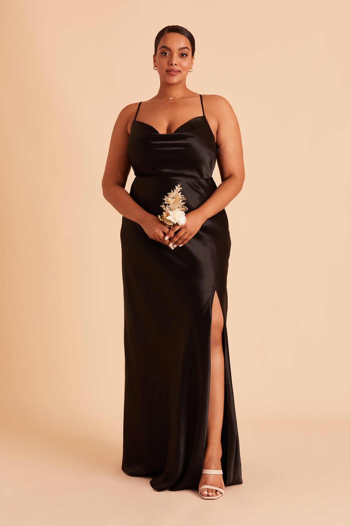 Long Satin Bridesmaid Dress with Cowl Neck & Spaghetti Straps | Lisa