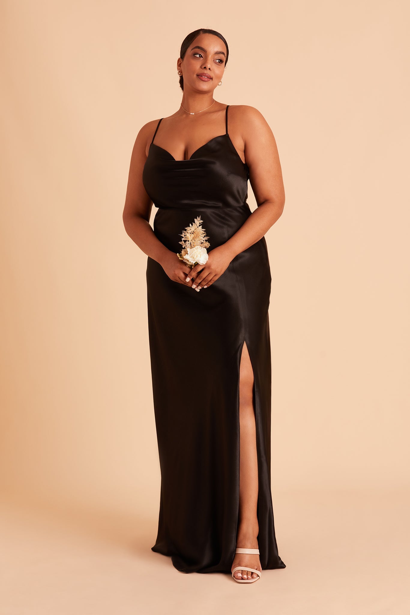 Long Satin Bridesmaid Dress with Cowl Neck & Spaghetti Straps | Lisa
