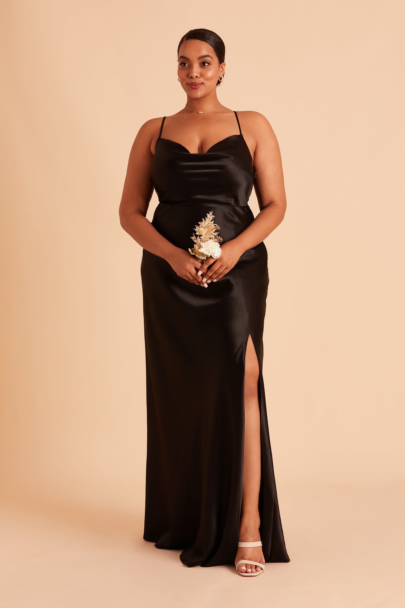 Long Satin Bridesmaid Dress with Cowl Neck & Spaghetti Straps | Lisa