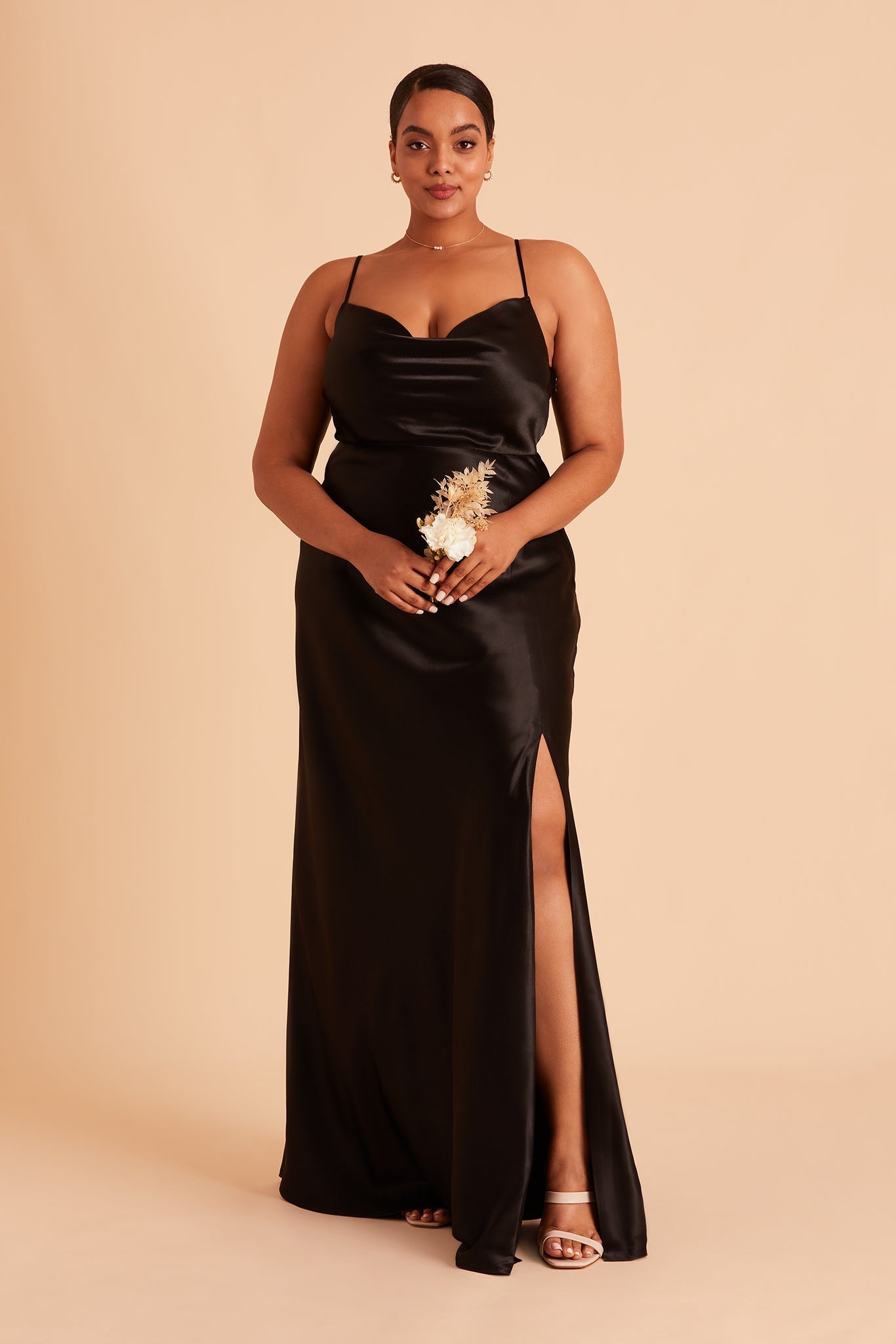 Long Satin Bridesmaid Dress with Cowl Neck & Spaghetti Straps | Lisa