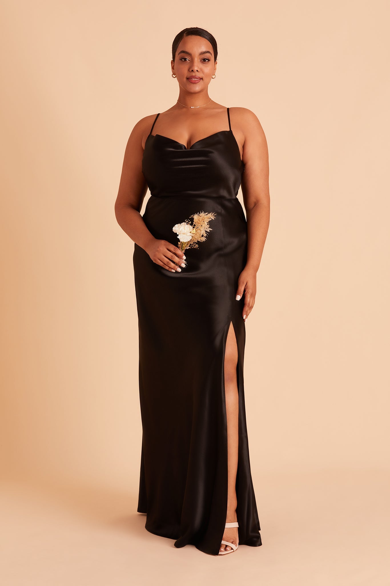 Long Satin Bridesmaid Dress with Cowl Neck & Spaghetti Straps | Lisa