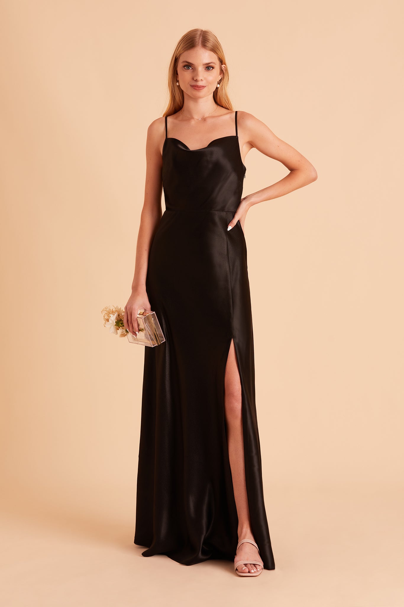 Long Satin Bridesmaid Dress with Cowl Neck & Spaghetti Straps | Lisa