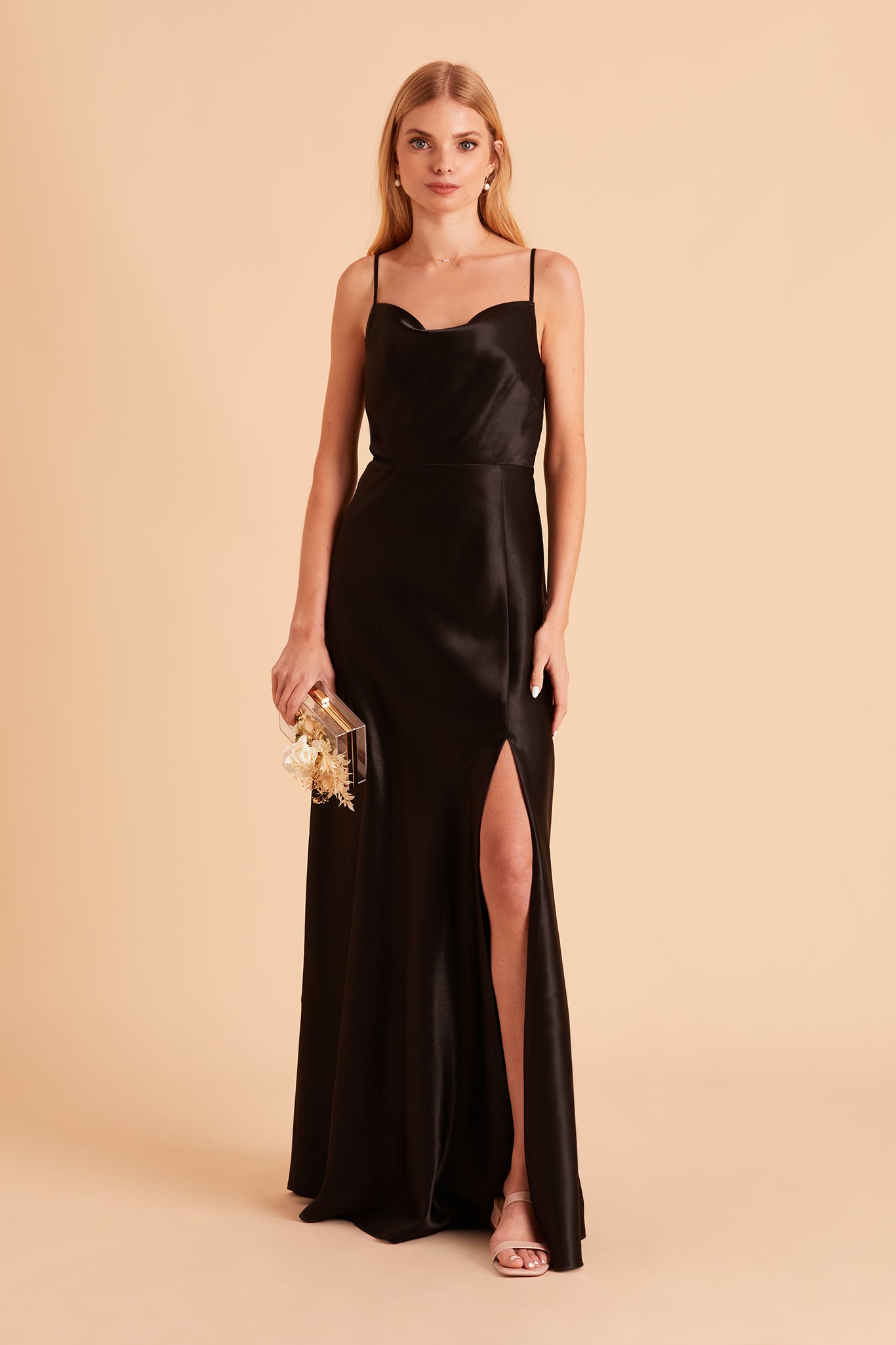 Long Satin Bridesmaid Dress with Cowl Neck & Spaghetti Straps | Lisa
