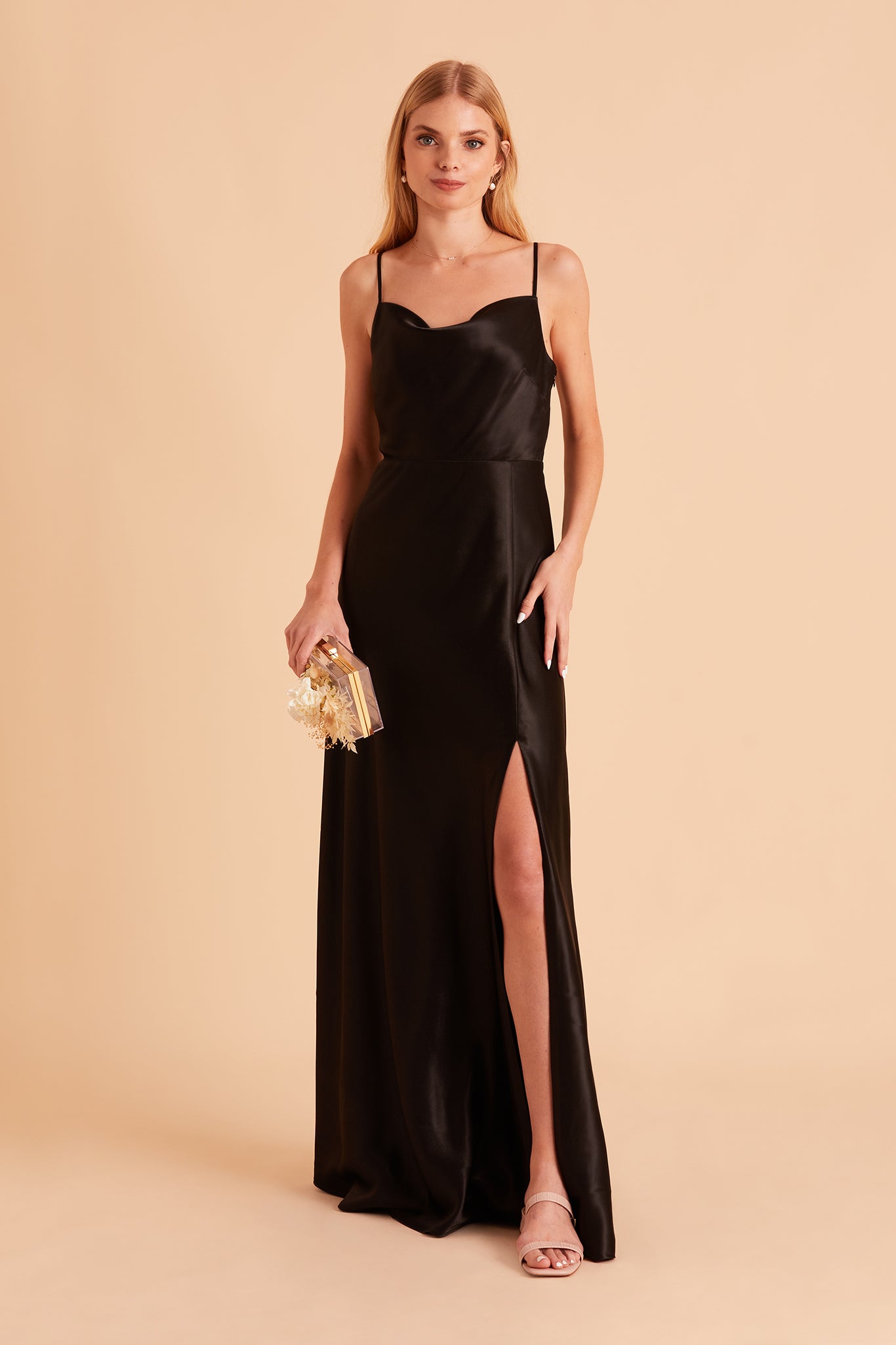 Long Satin Bridesmaid Dress with Cowl Neck & Spaghetti Straps | Lisa