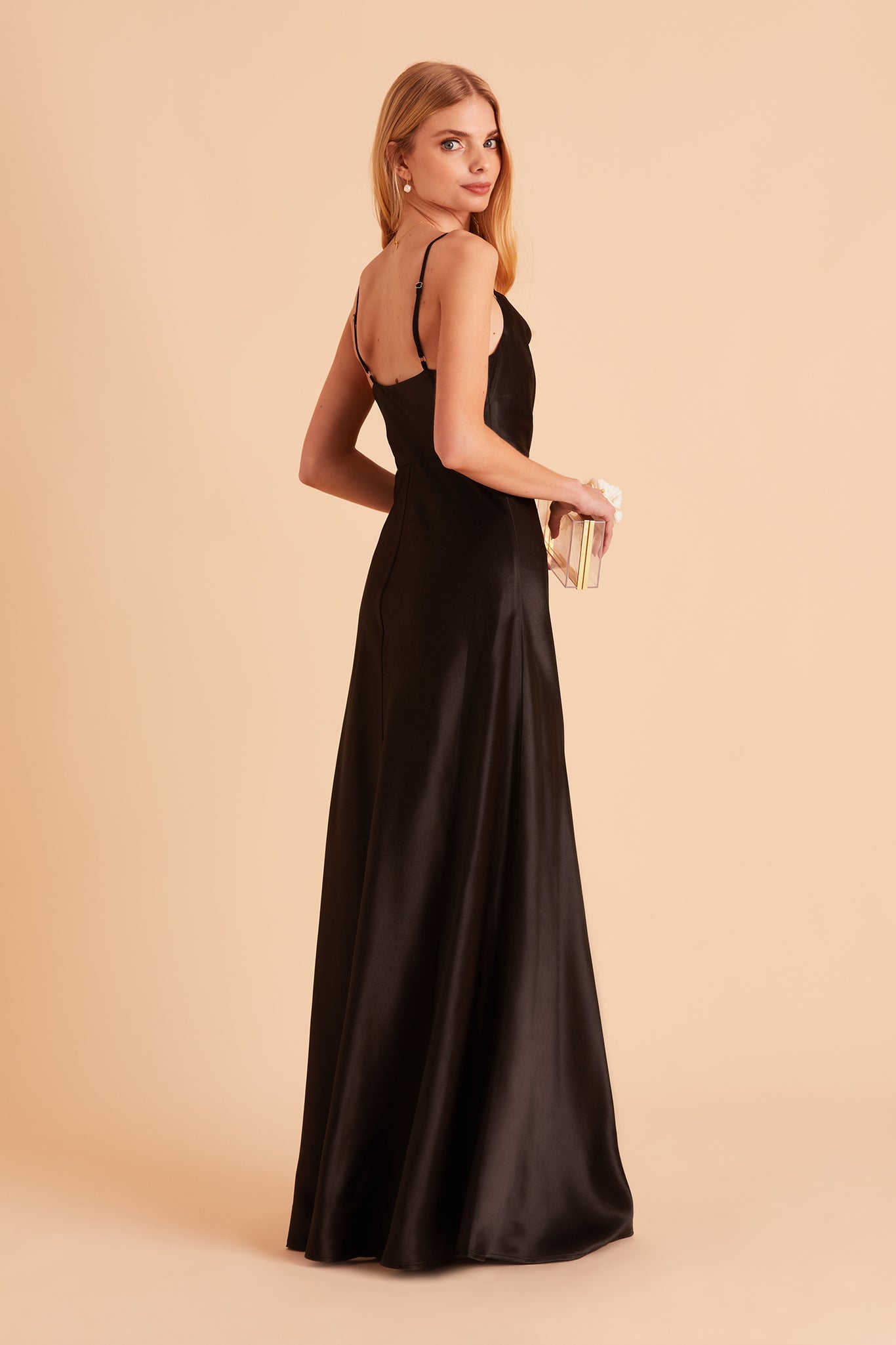 Long Satin Bridesmaid Dress with Cowl Neck & Spaghetti Straps | Lisa