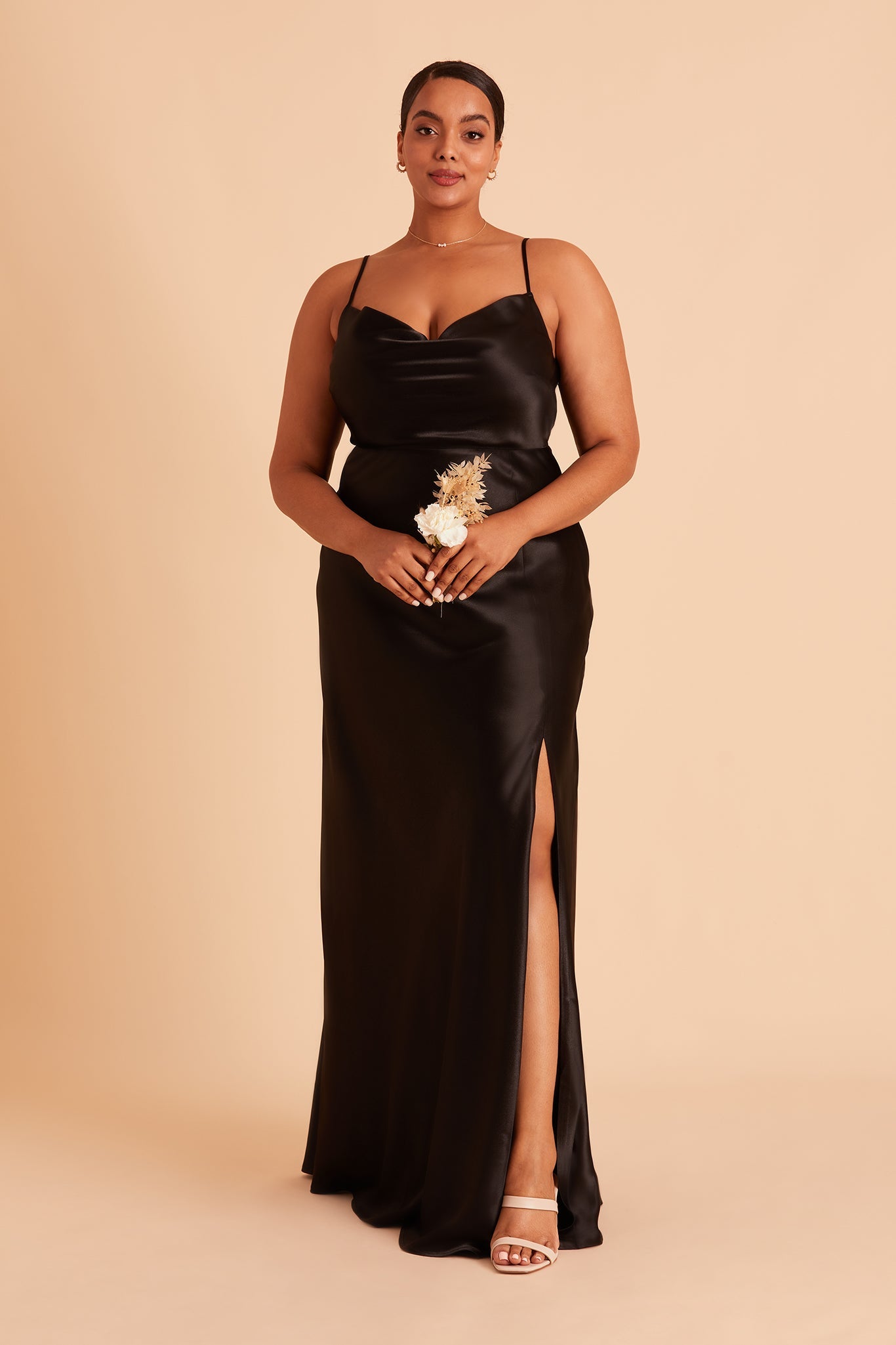 Long Satin Bridesmaid Dress with Cowl Neck & Spaghetti Straps | Lisa