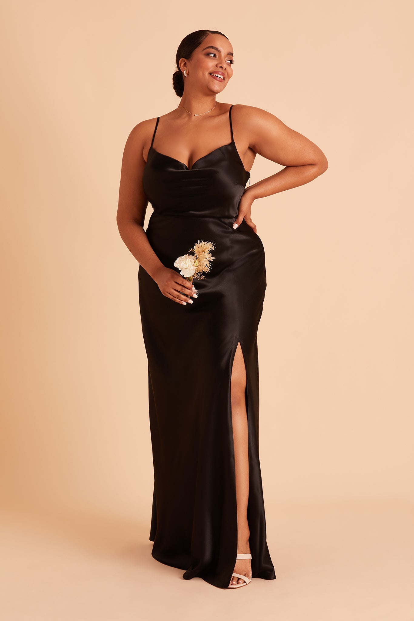 Long Satin Bridesmaid Dress with Cowl Neck & Spaghetti Straps | Lisa