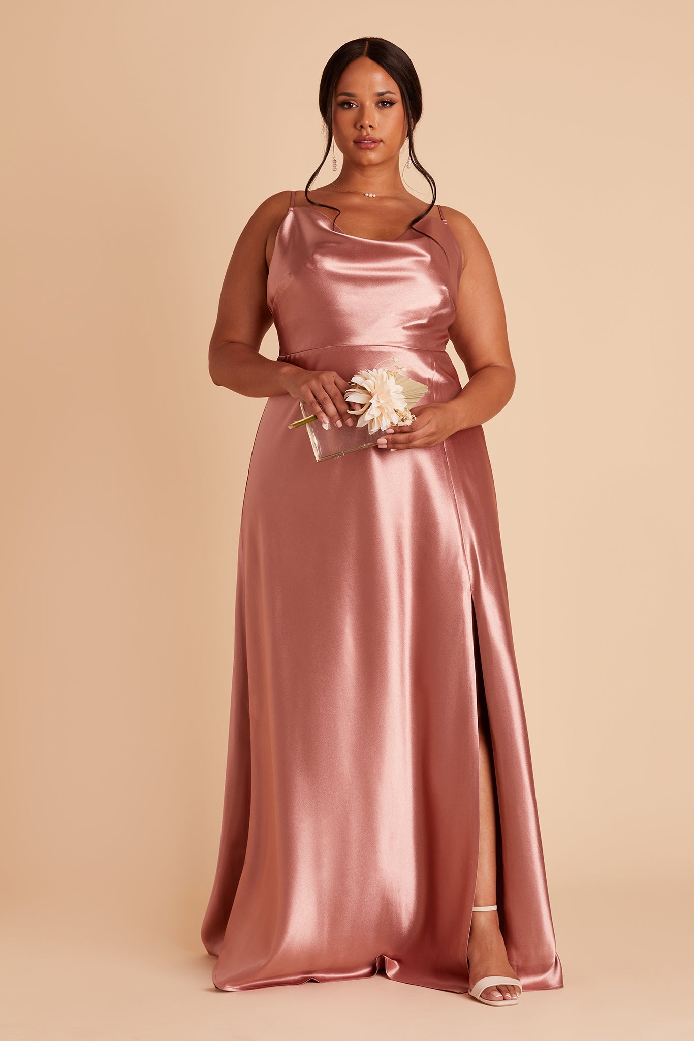 Long Satin Bridesmaid Dress with Cowl Neck | Lisa Desert Rose