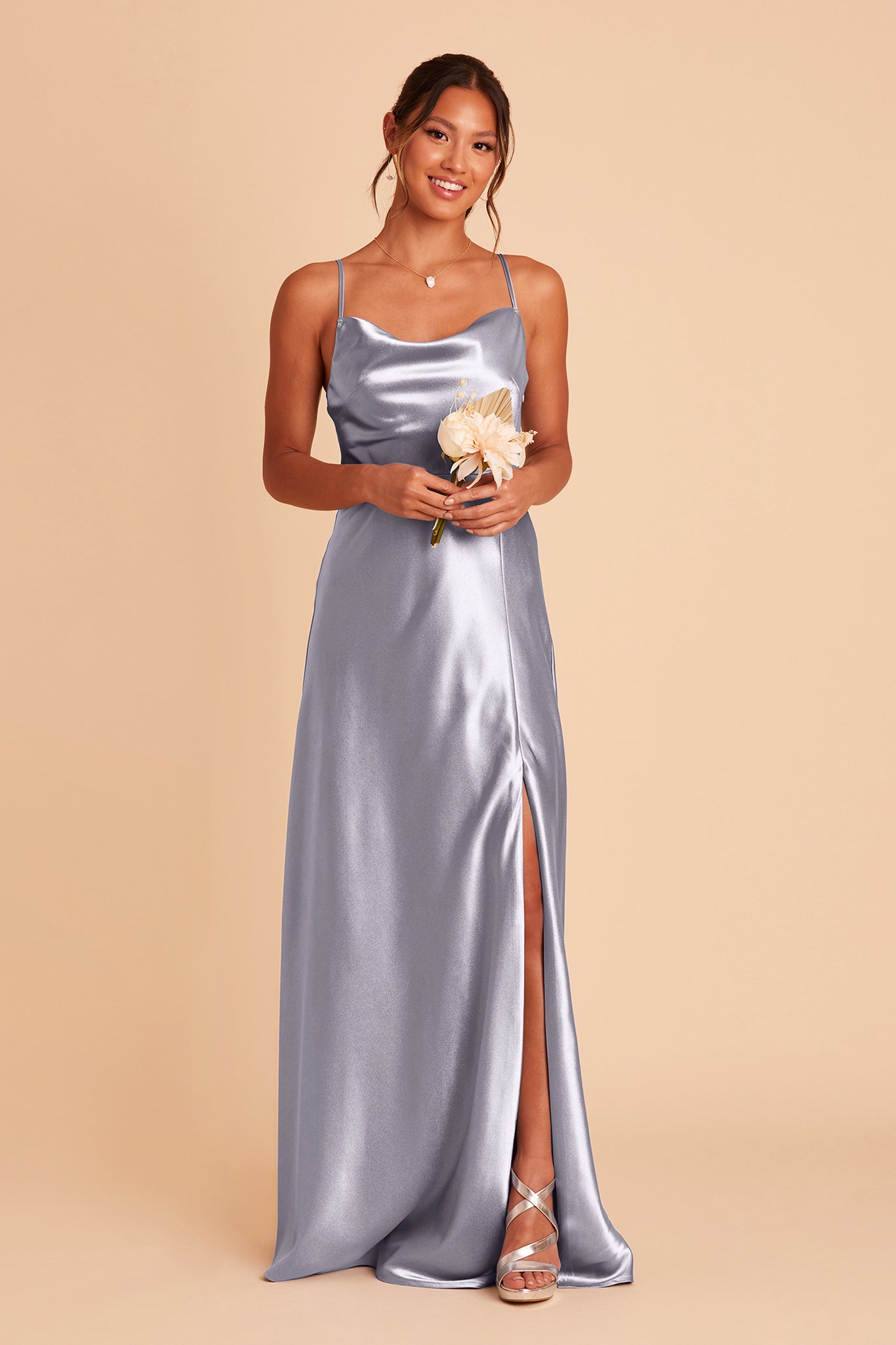 Long Satin Bridesmaid Dress with Cowl Neck | Lisa Dusty Blue