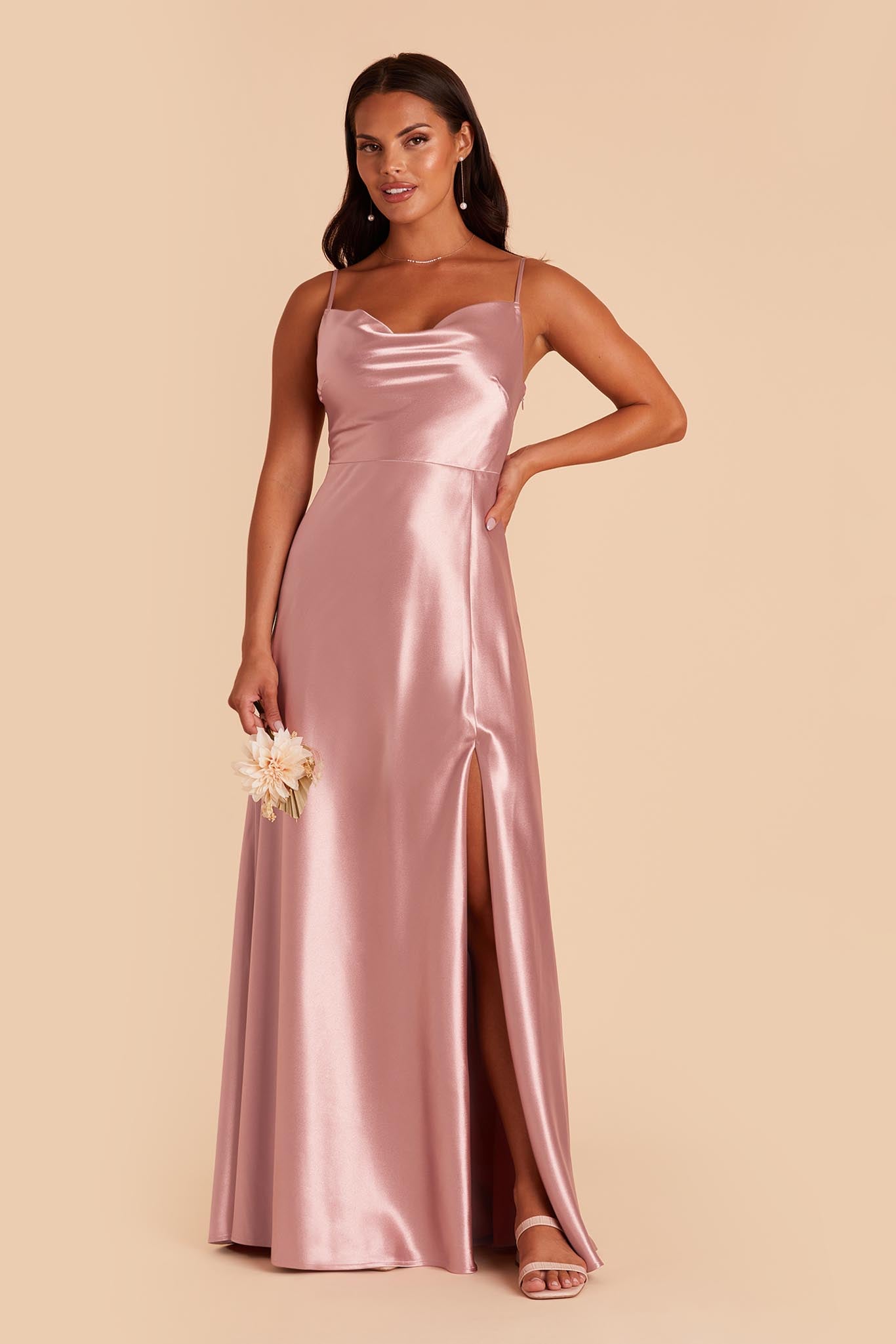Long Satin Bridesmaid Dress with Cowl Neck & Spaghetti Straps | Lisa