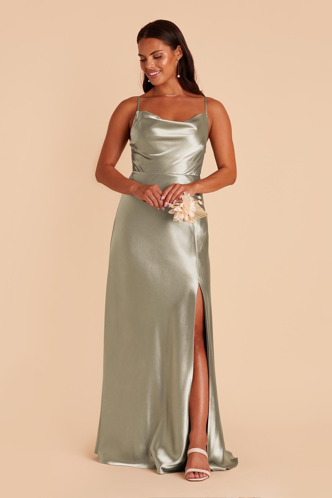 Long Satin Bridesmaid Dress with Cowl Neck | Moss Green