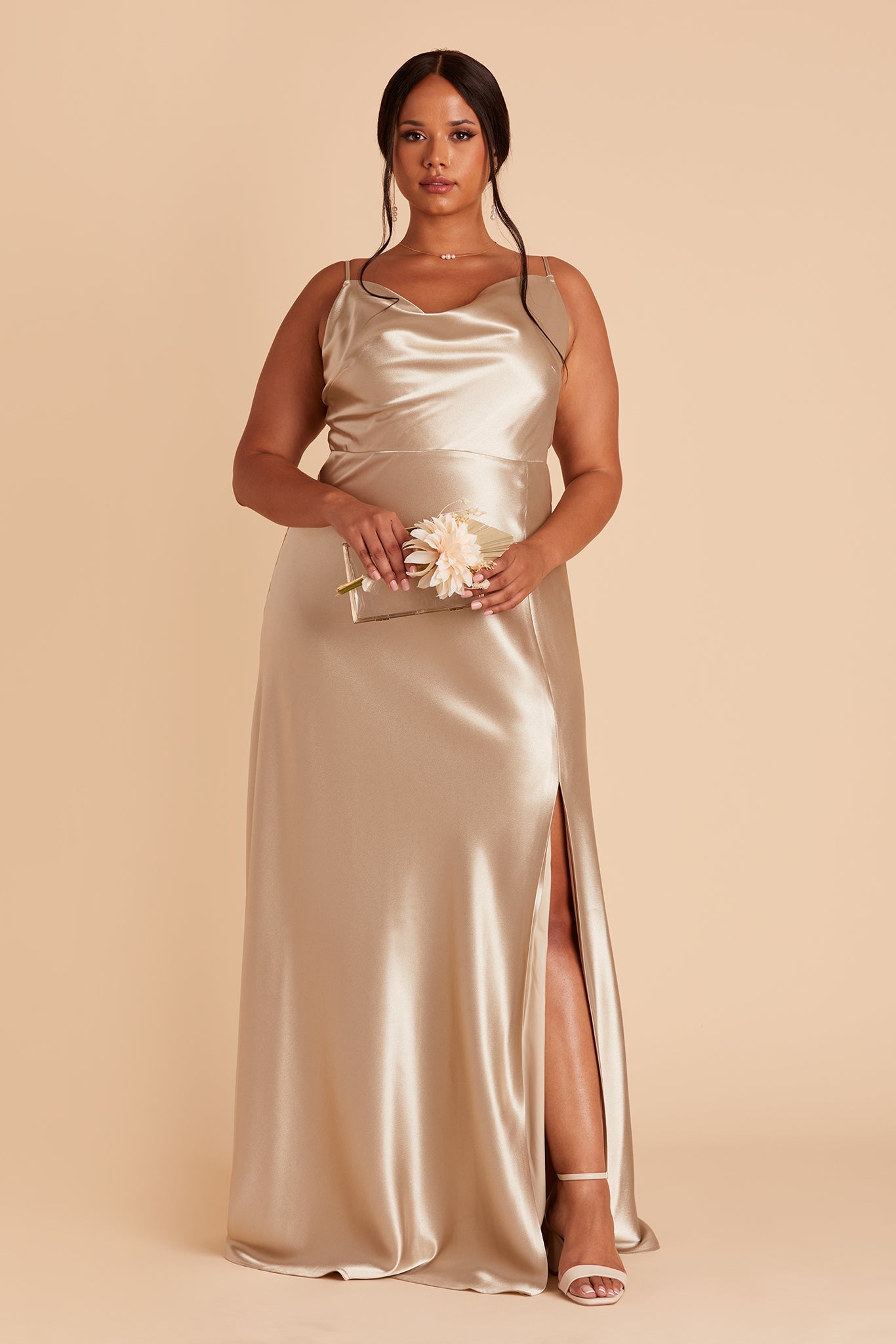Champagne Satin Bridesmaid Dress with Cowl Neck | Lisa Long