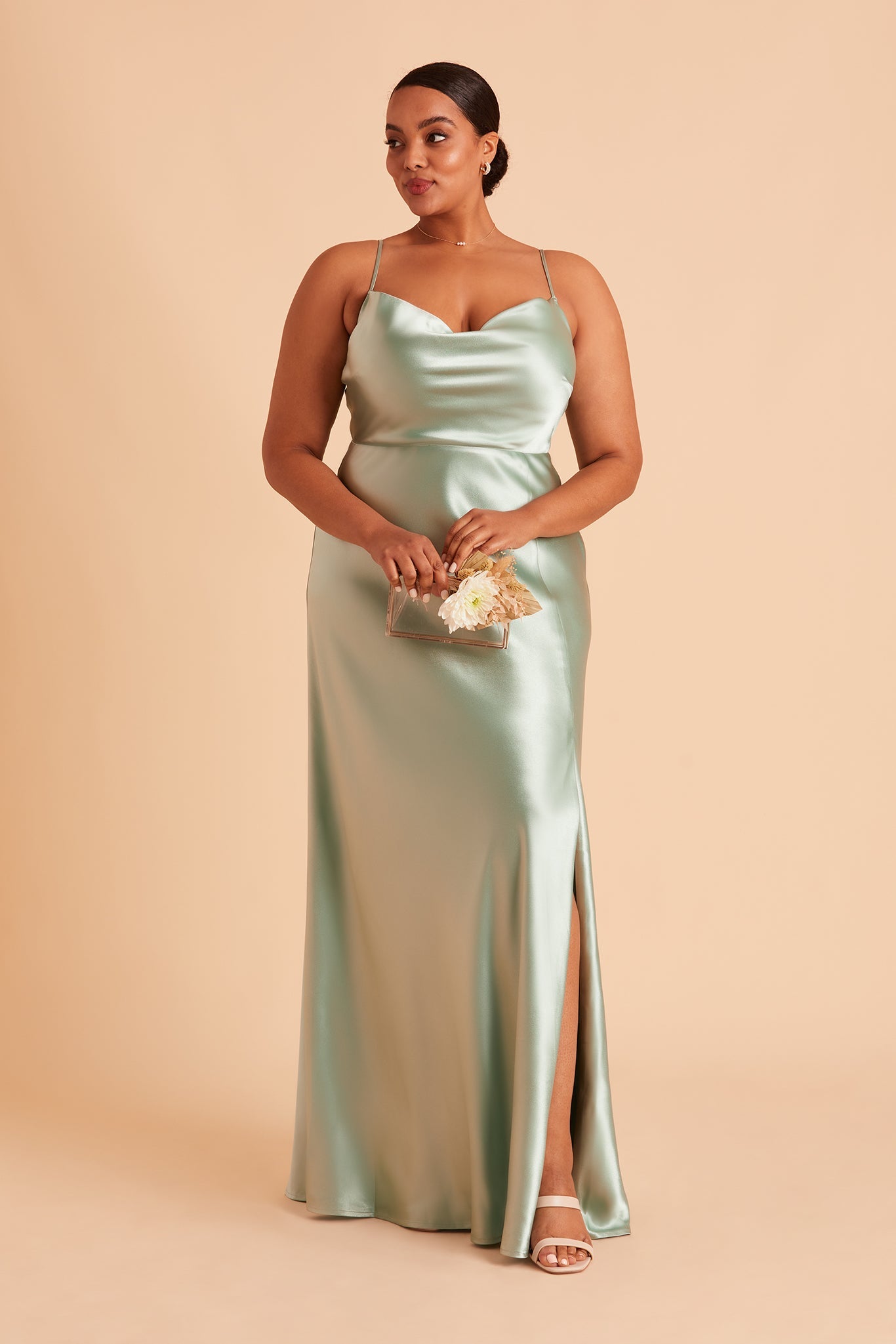 Sage Green Satin Bridesmaid Dress with Cowl Neck | Lisa Long