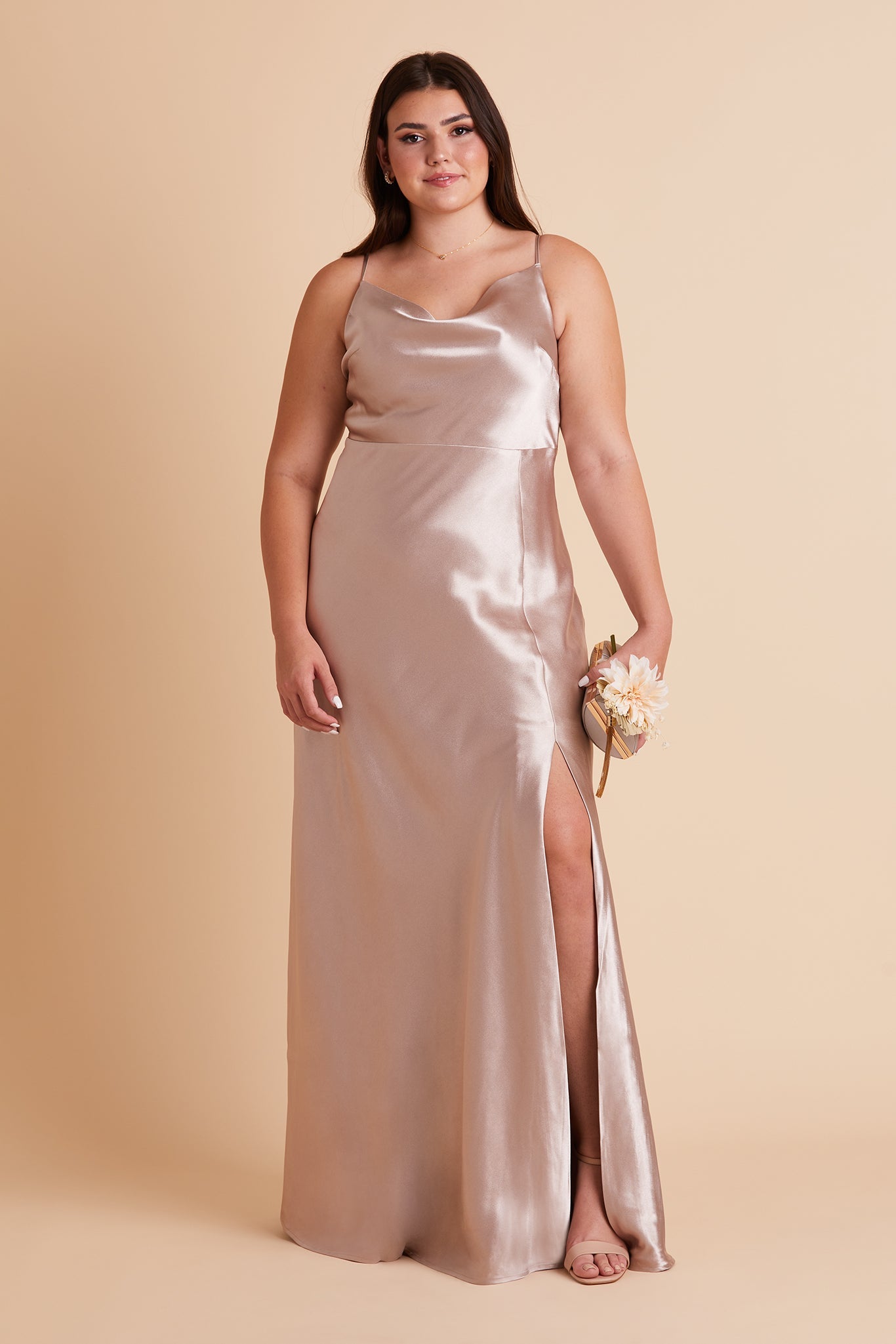 Long Satin Bridesmaid Dress with Cowl Neck | Lisa Taupe