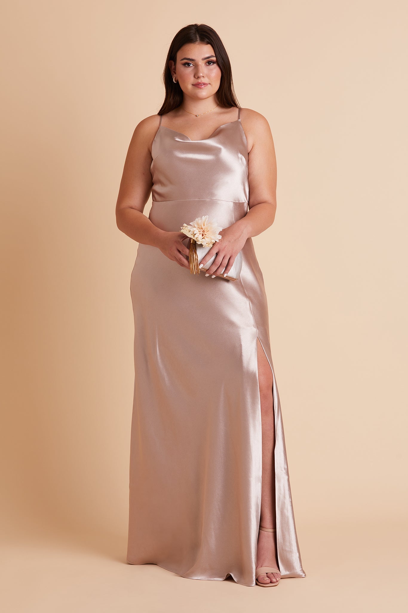 Long Satin Bridesmaid Dress with Cowl Neck | Lisa Taupe