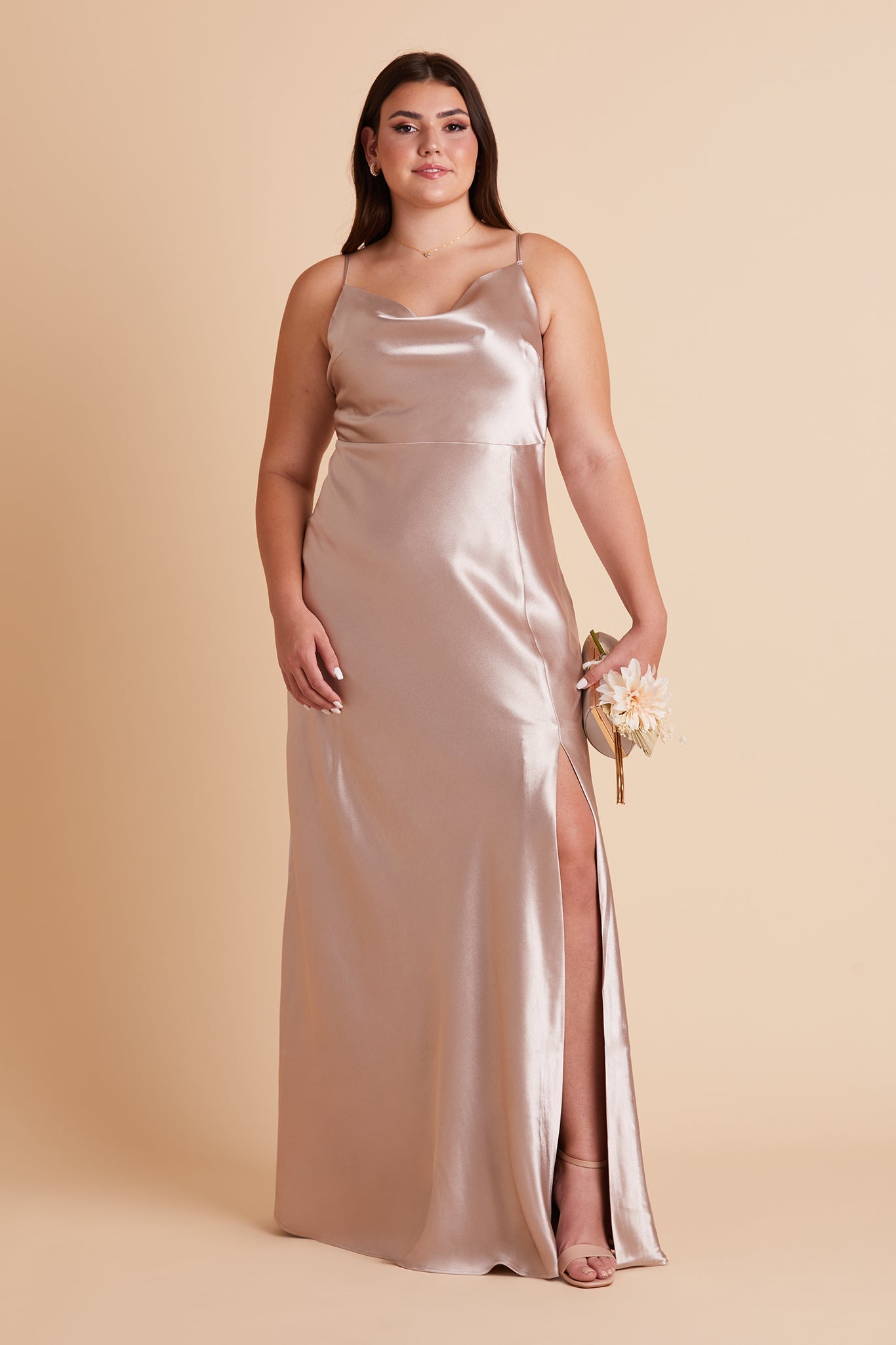 Long Satin Bridesmaid Dress with Cowl Neck | Lisa Taupe