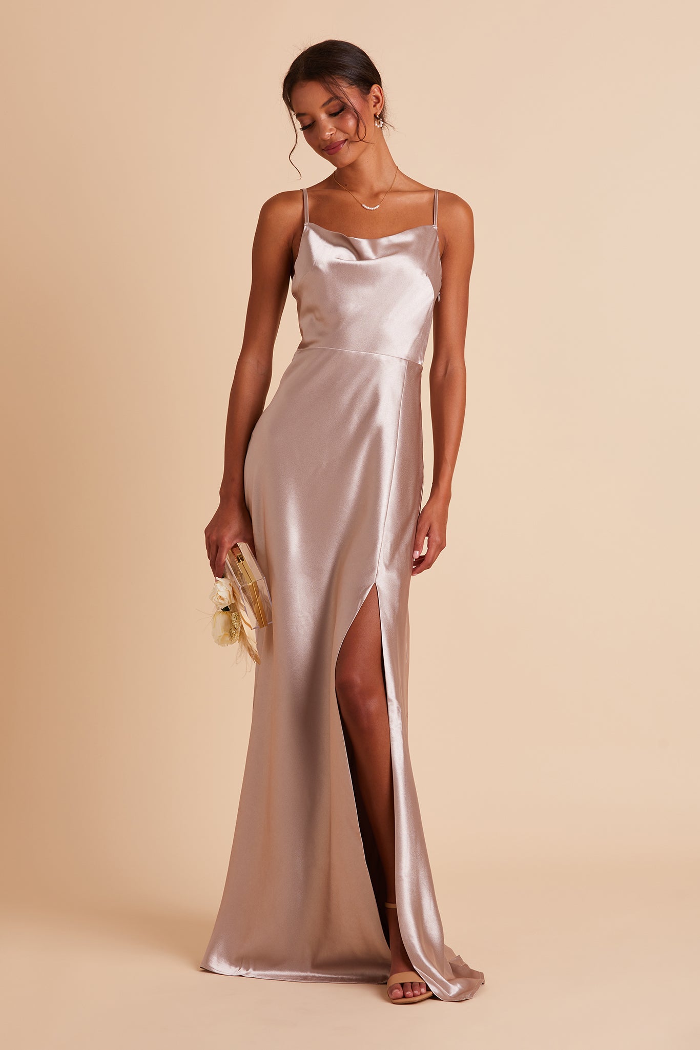 Long Satin Bridesmaid Dress with Cowl Neck | Lisa Taupe