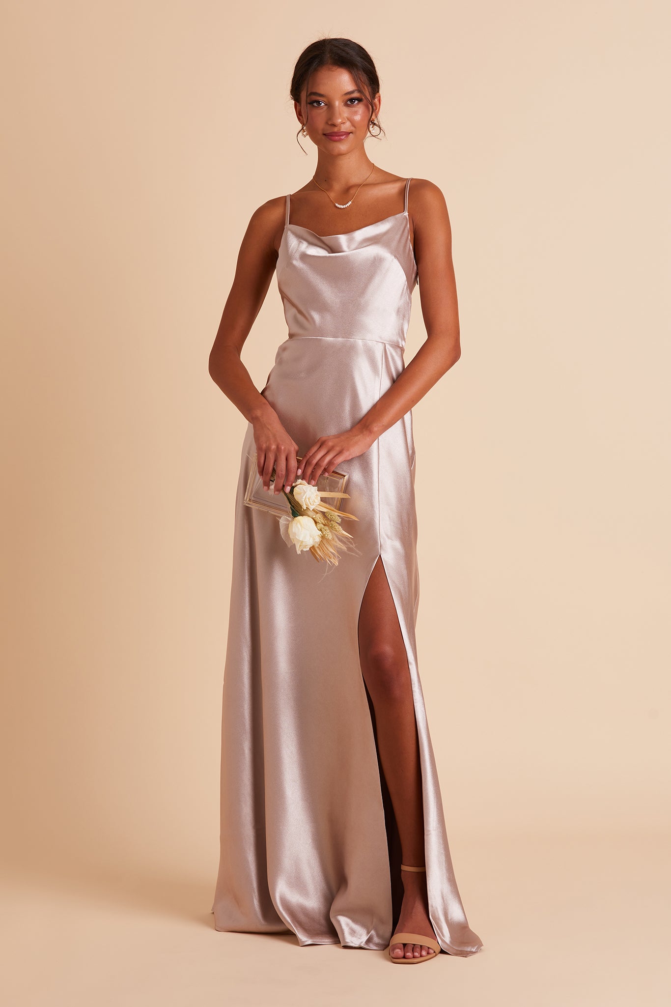 Long Satin Bridesmaid Dress with Cowl Neck | Lisa Taupe