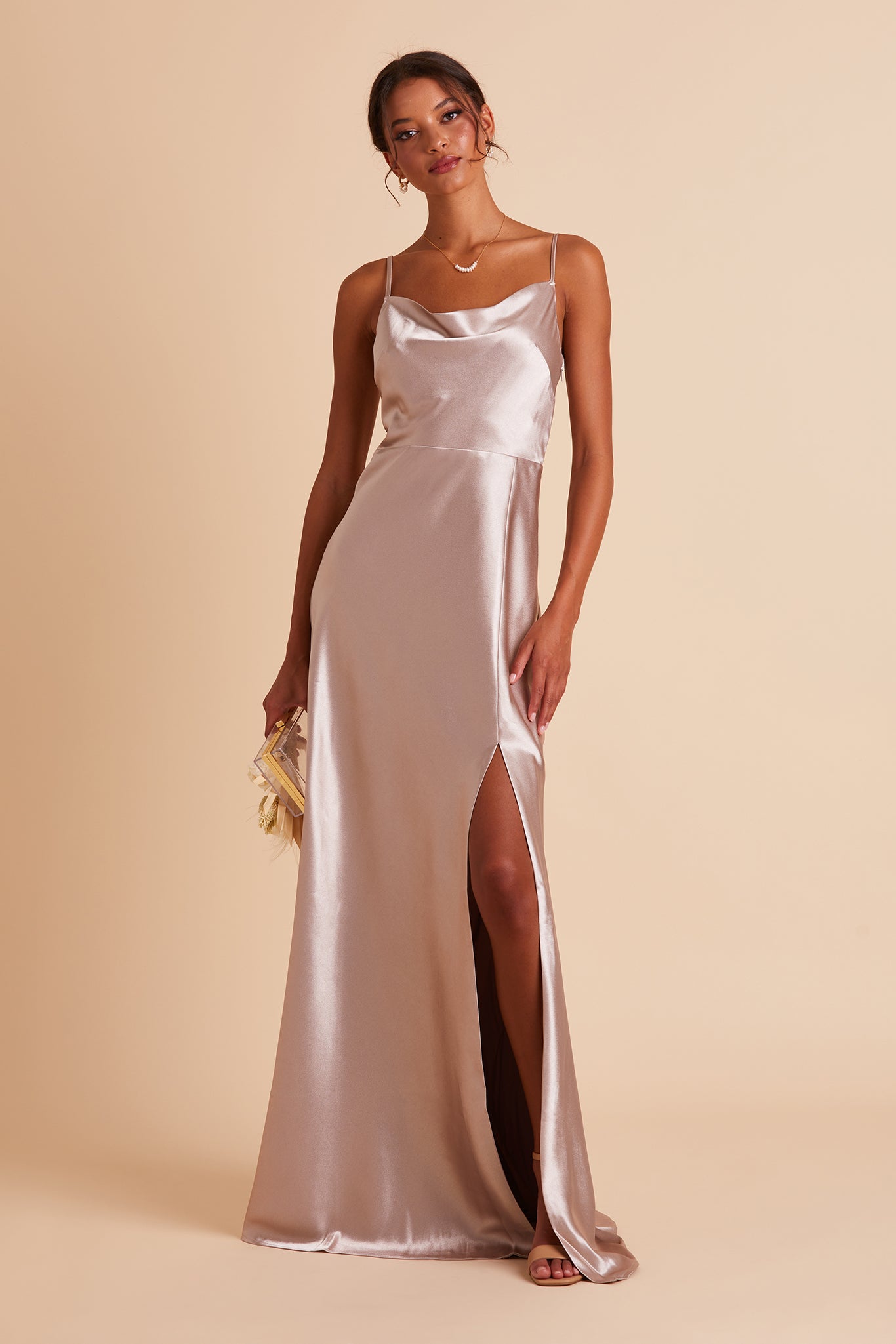 Long Satin Bridesmaid Dress with Cowl Neck | Lisa Taupe
