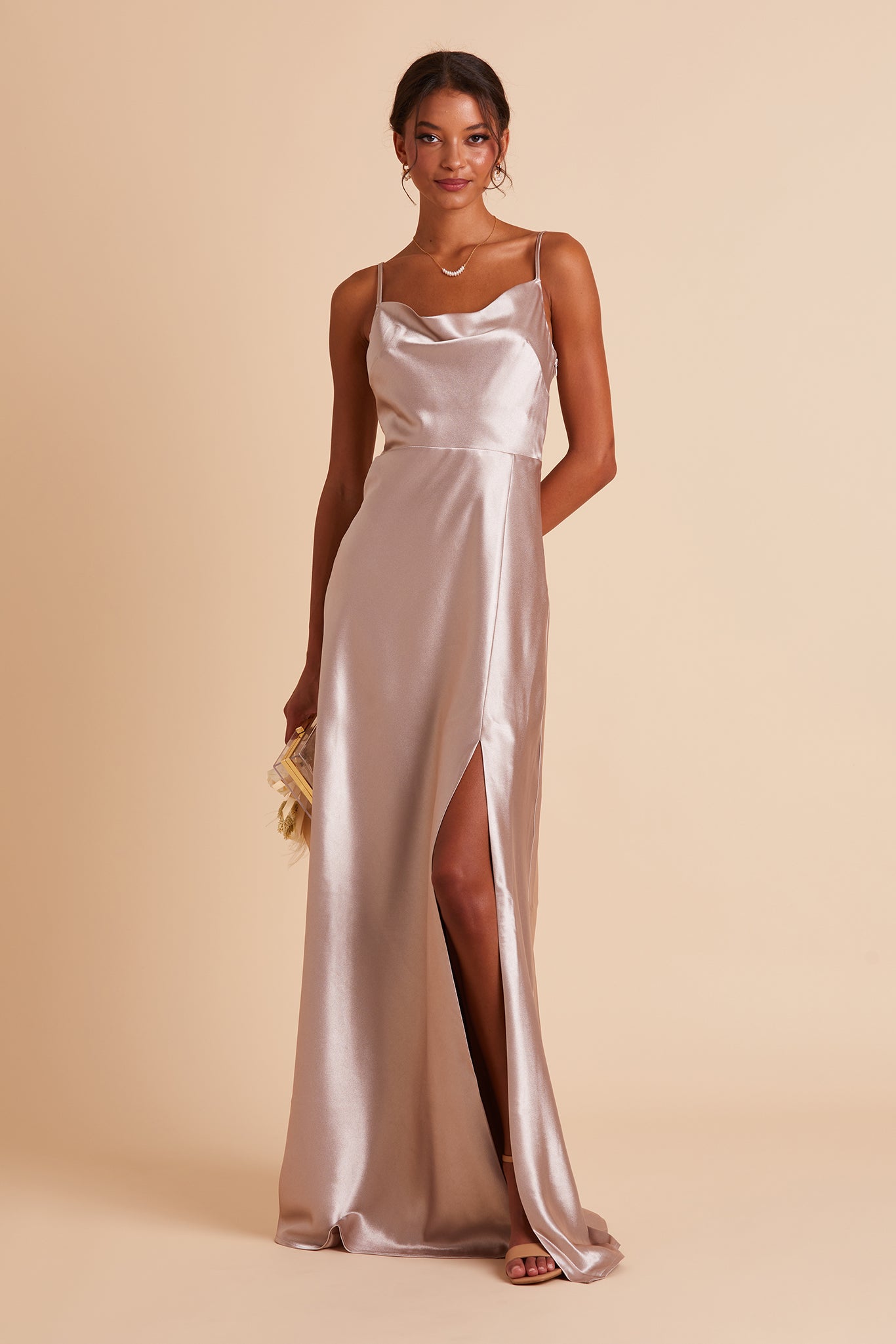 Long Satin Bridesmaid Dress with Cowl Neck | Lisa Taupe