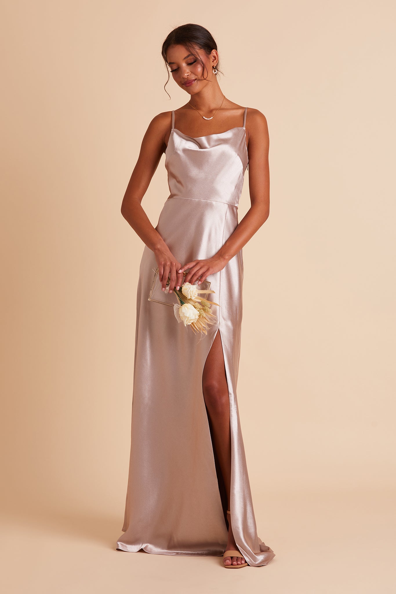 Long Satin Bridesmaid Dress with Cowl Neck | Lisa Taupe