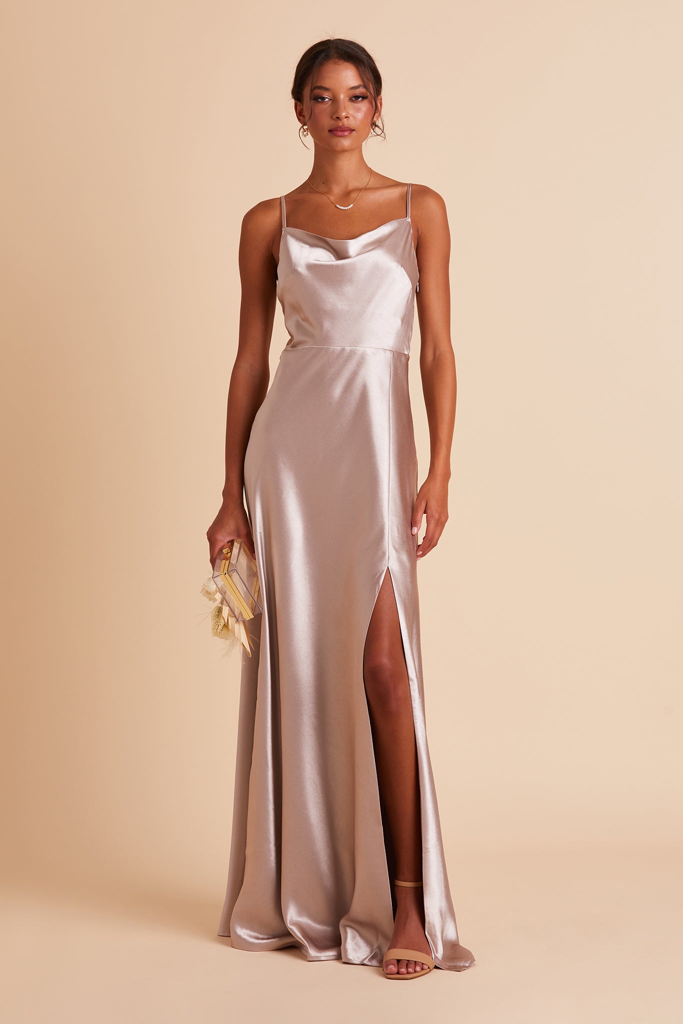 Long Satin Bridesmaid Dress with Cowl Neck | Lisa Taupe