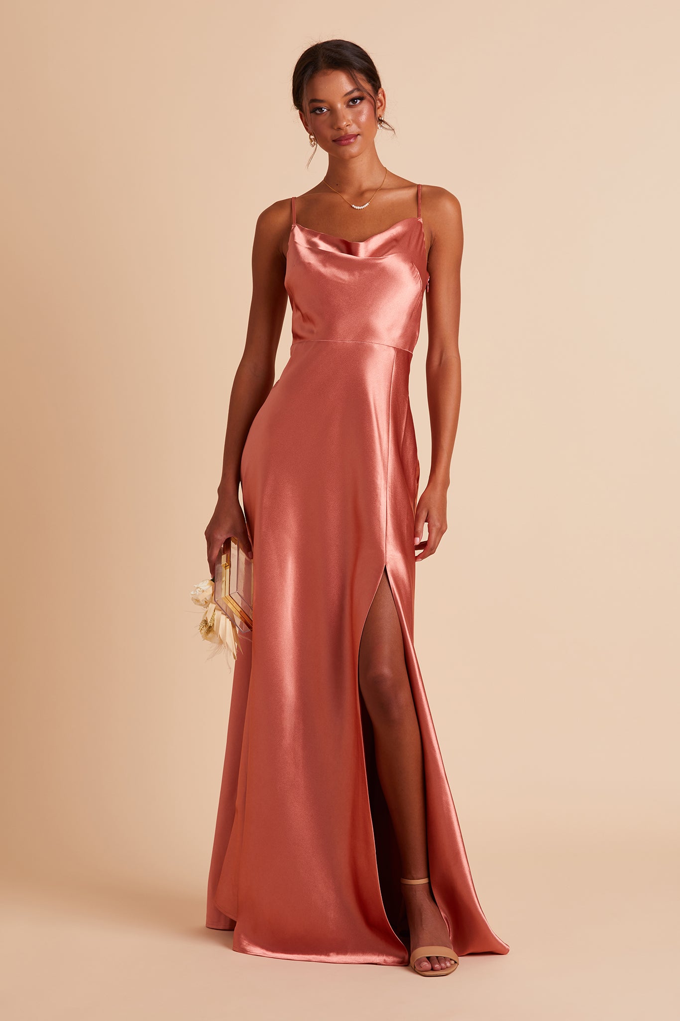 Long Satin Bridesmaid Dress with Cowl Neck & Spaghetti Straps | Lisa