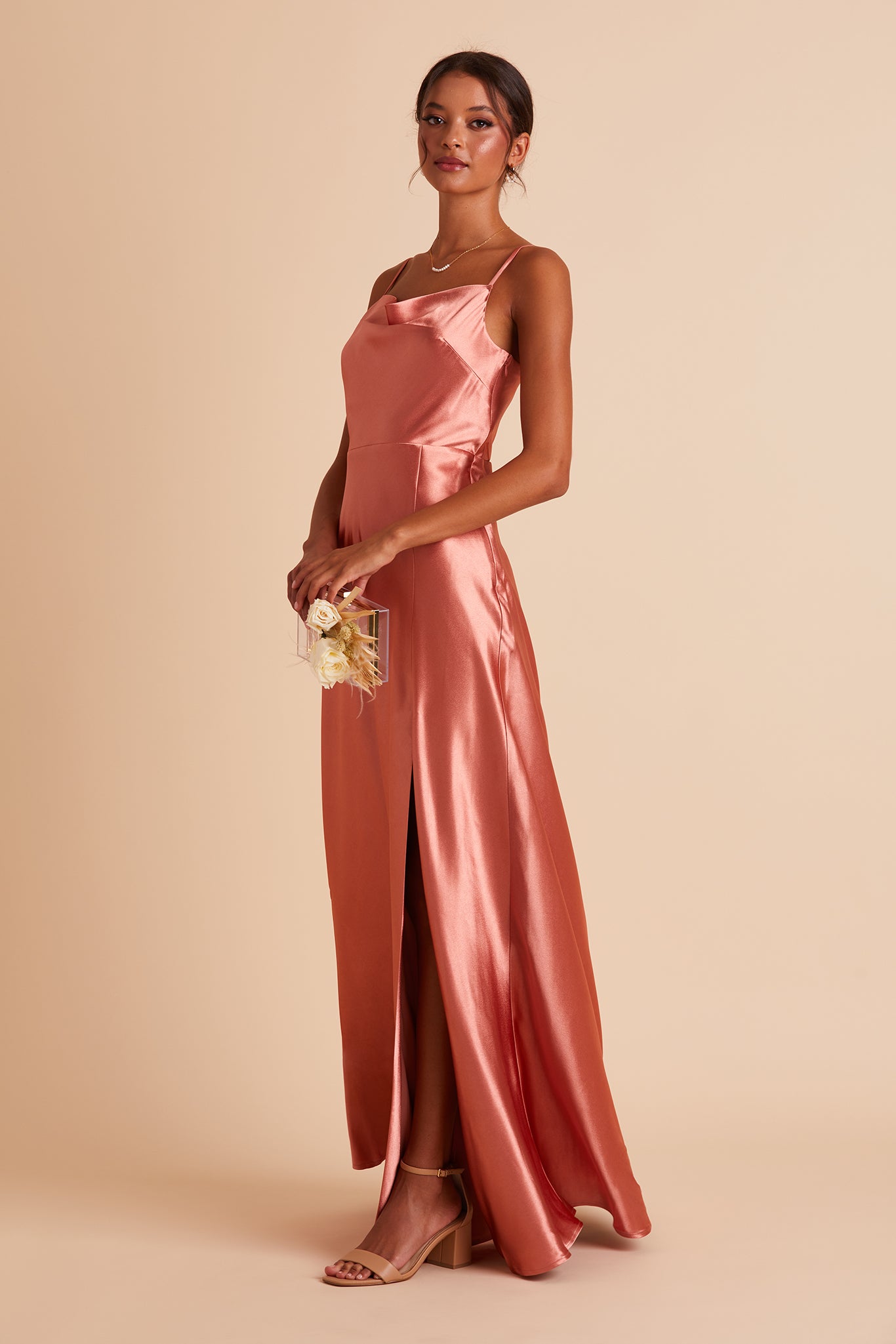 Long Satin Bridesmaid Dress with Cowl Neck & Spaghetti Straps | Lisa