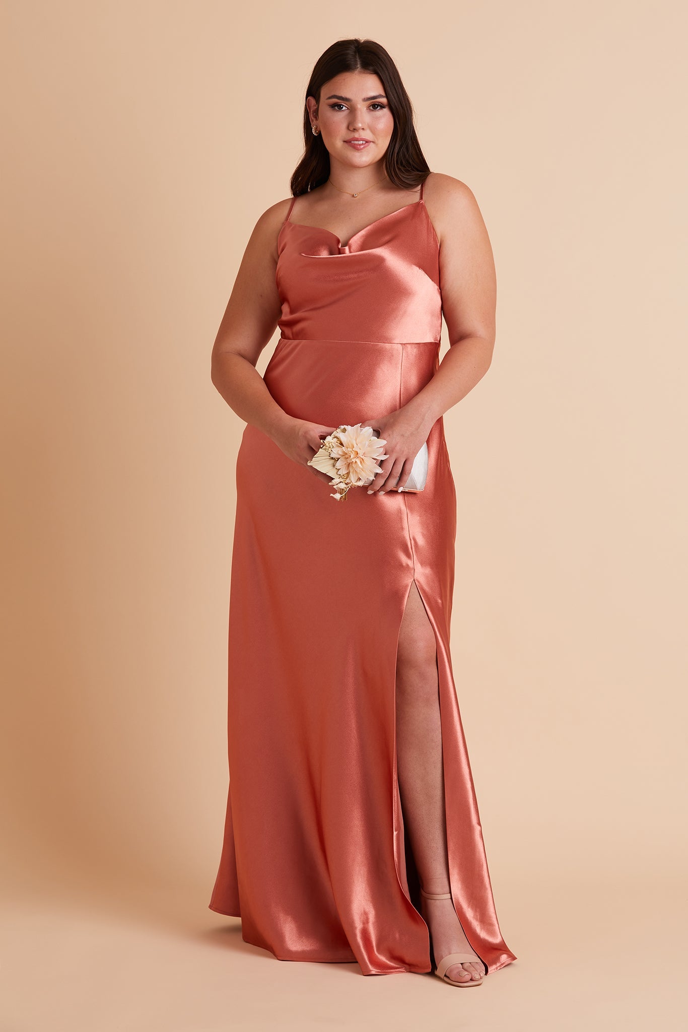 Long Satin Bridesmaid Dress with Cowl Neck & Spaghetti Straps | Lisa